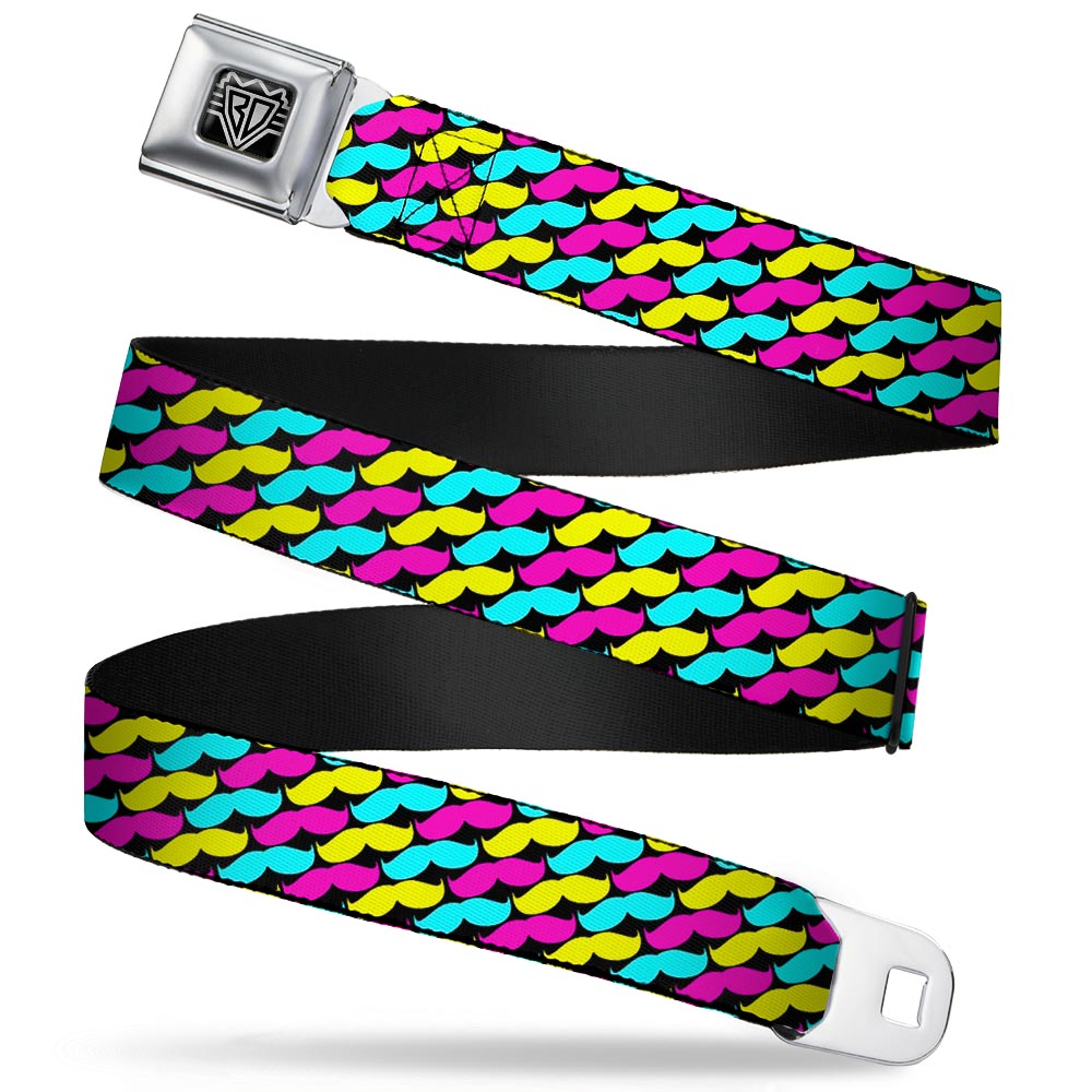 BD Wings Logo CLOSE-UP Full Color Black Silver Seatbelt Belt - Mustache Monogram Black/Fuchsia/Turquoise/Yellow Webbing Seatbelt Belts Buckle-Down