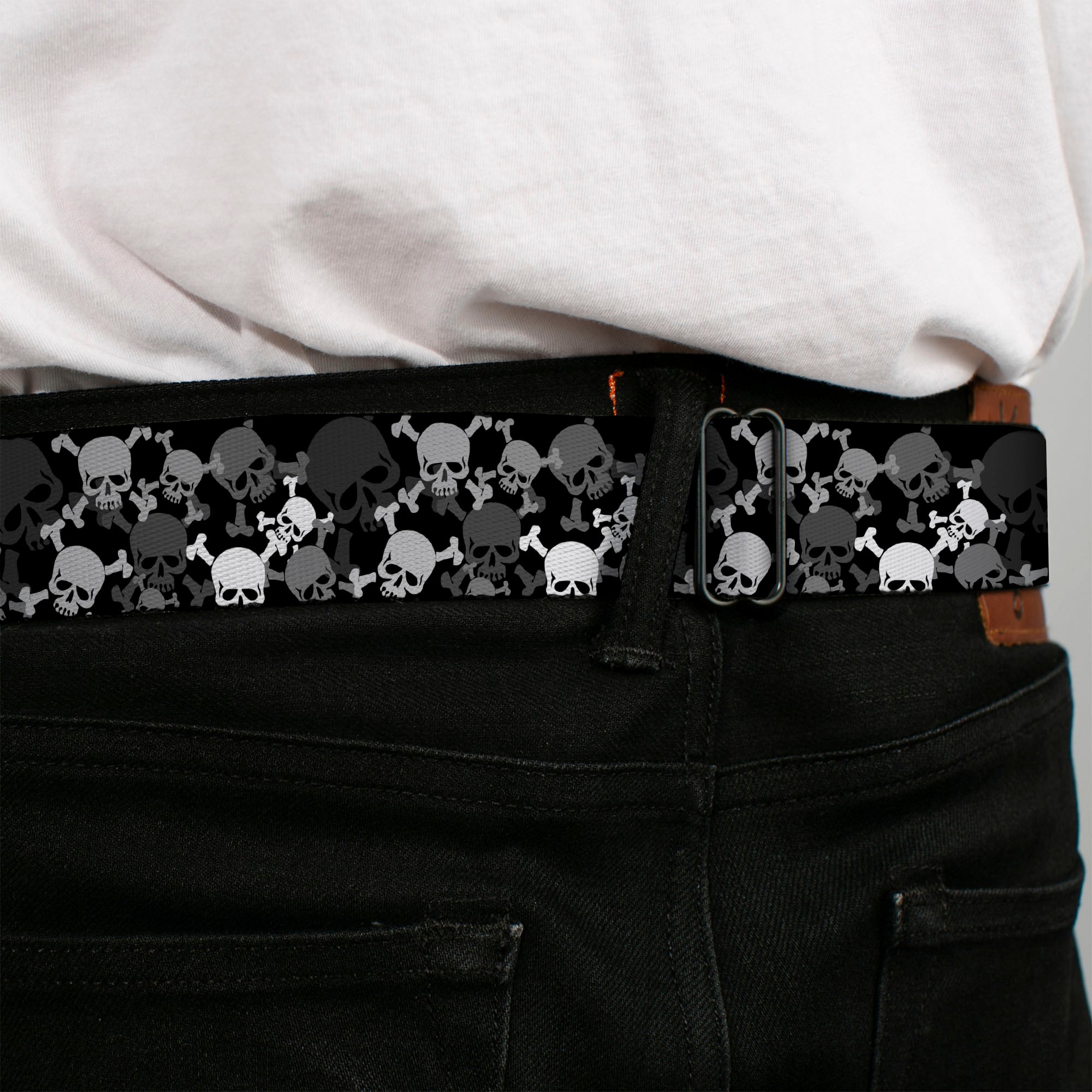 BD Wings Logo CLOSE-UP Black/Silver Seatbelt Belt - Multi Top Skulls Stacked Blak/Gray/White Webbing Seatbelt Belts Buckle-Down