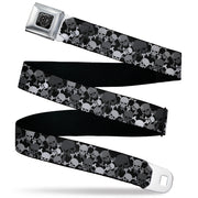 BD Wings Logo CLOSE-UP Black/Silver Seatbelt Belt - Multi Top Skulls Stacked Blak/Gray/White Webbing Seatbelt Belts Buckle-Down