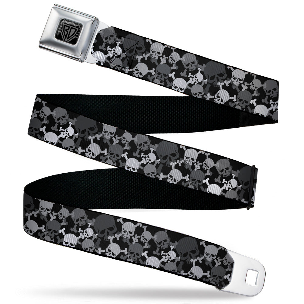 BD Wings Logo CLOSE-UP Black/Silver Seatbelt Belt - Multi Top Skulls Stacked Blak/Gray/White Webbing Seatbelt Belts Buckle-Down