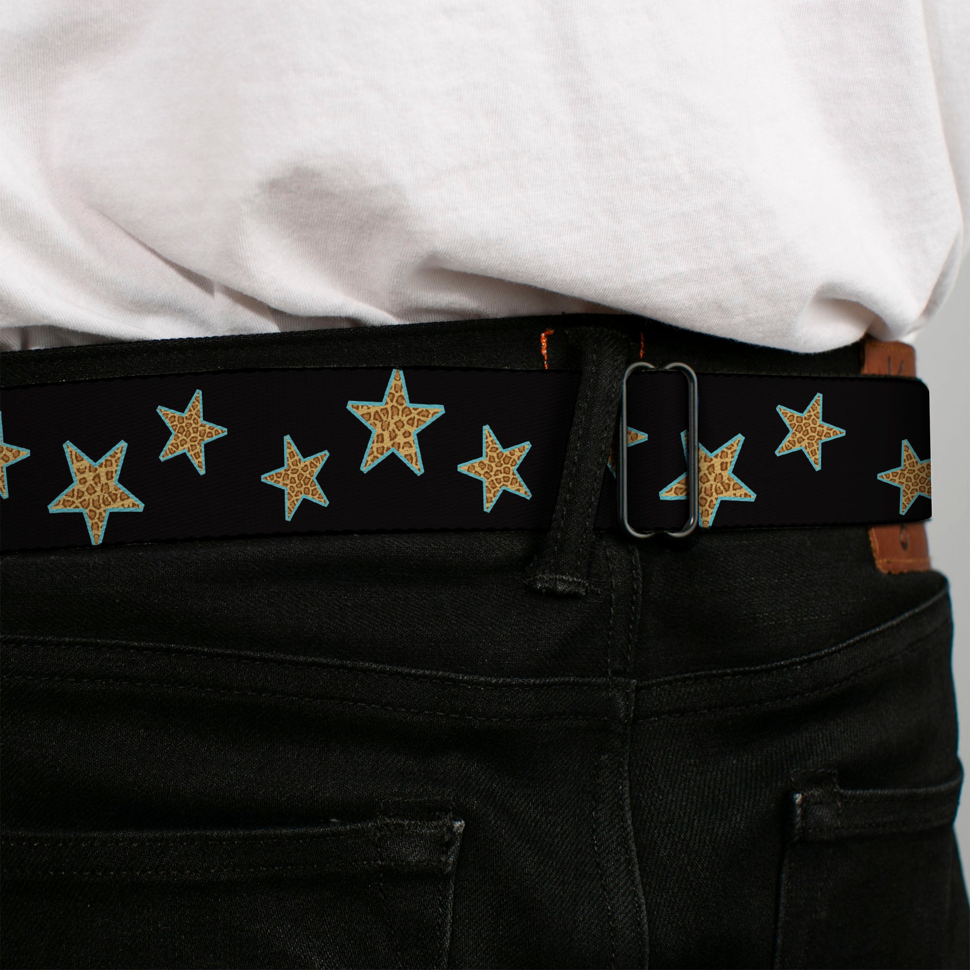 BD Wings Logo CLOSE-UP Full Color Black Silver Seatbelt Belt - Multi Stars Black/Leopard/Baby Blue Outline Webbing Seatbelt Belts Buckle-Down