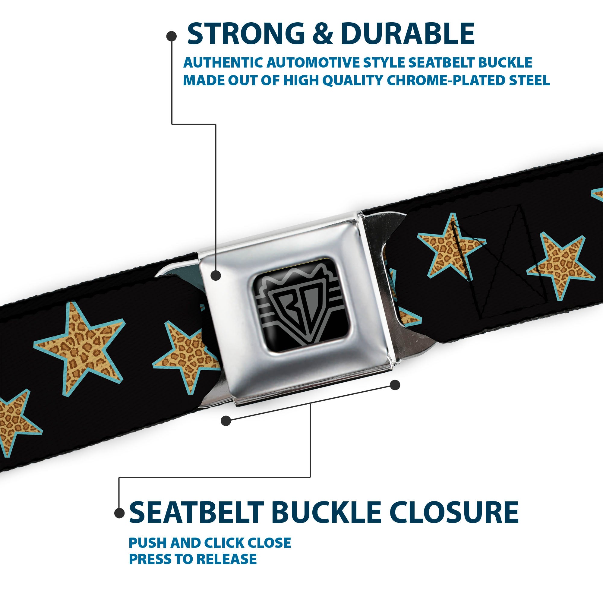 BD Wings Logo CLOSE-UP Full Color Black Silver Seatbelt Belt - Multi Stars Black/Leopard/Baby Blue Outline Webbing Seatbelt Belts Buckle-Down