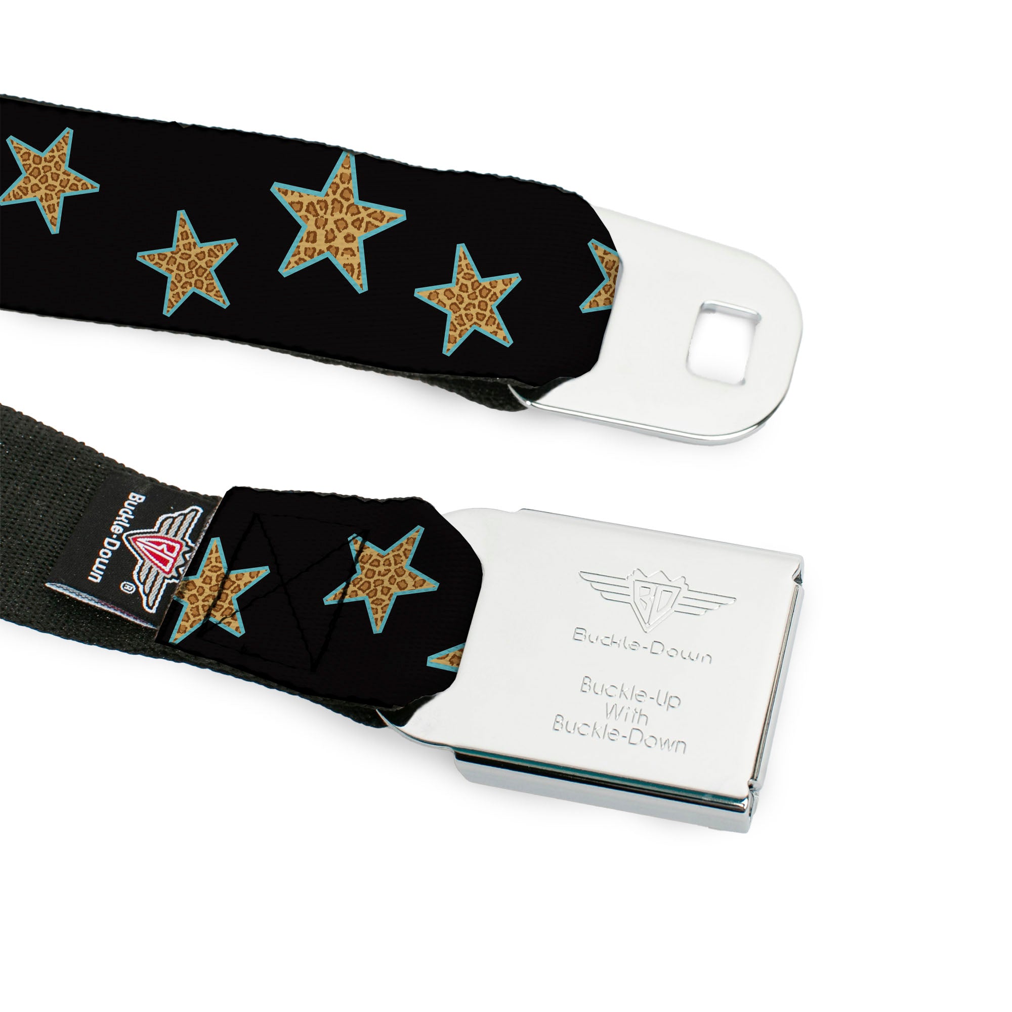 BD Wings Logo CLOSE-UP Full Color Black Silver Seatbelt Belt - Multi Stars Black/Leopard/Baby Blue Outline Webbing Seatbelt Belts Buckle-Down