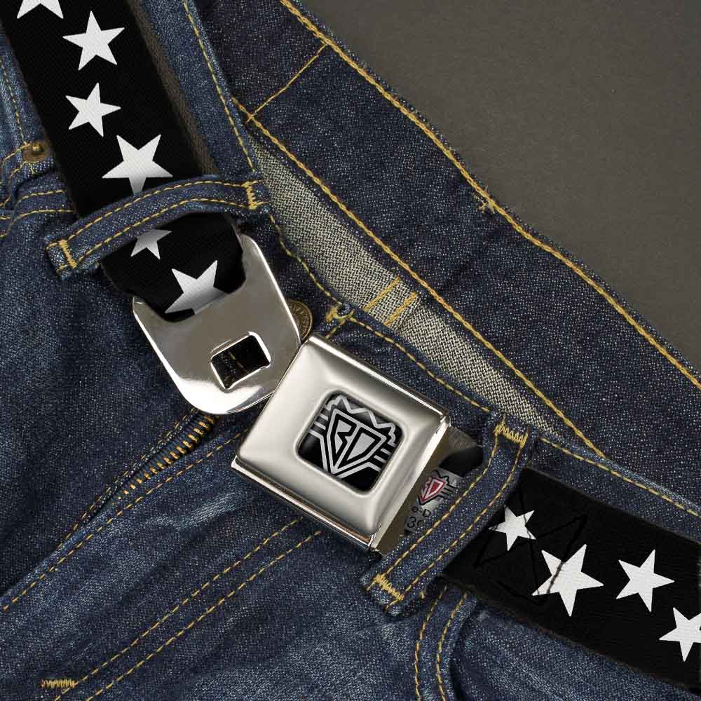 BD Wings Logo CLOSE-UP Full Color Black Silver Seatbelt Belt - Multi Stars Black/White Webbing Seatbelt Belts Buckle-Down