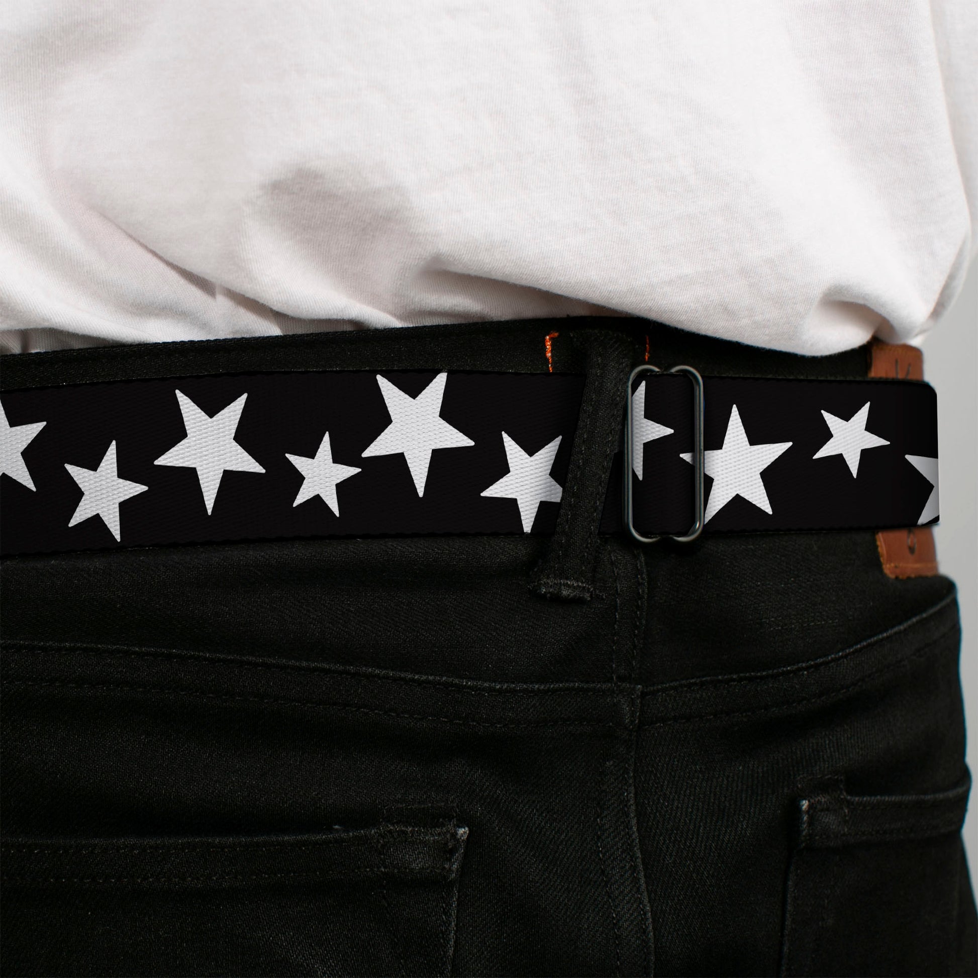 BD Wings Logo CLOSE-UP Full Color Black Silver Seatbelt Belt - Multi Stars Black/White Webbing Seatbelt Belts Buckle-Down