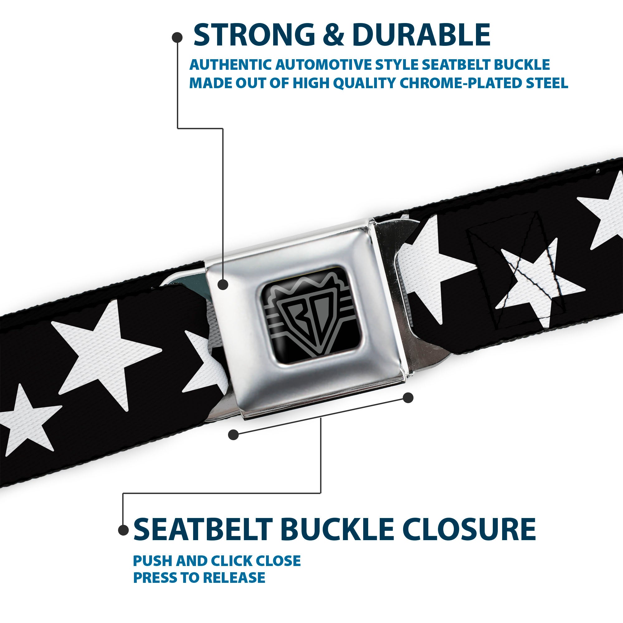 BD Wings Logo CLOSE-UP Full Color Black Silver Seatbelt Belt - Multi Stars Black/White Webbing Seatbelt Belts Buckle-Down