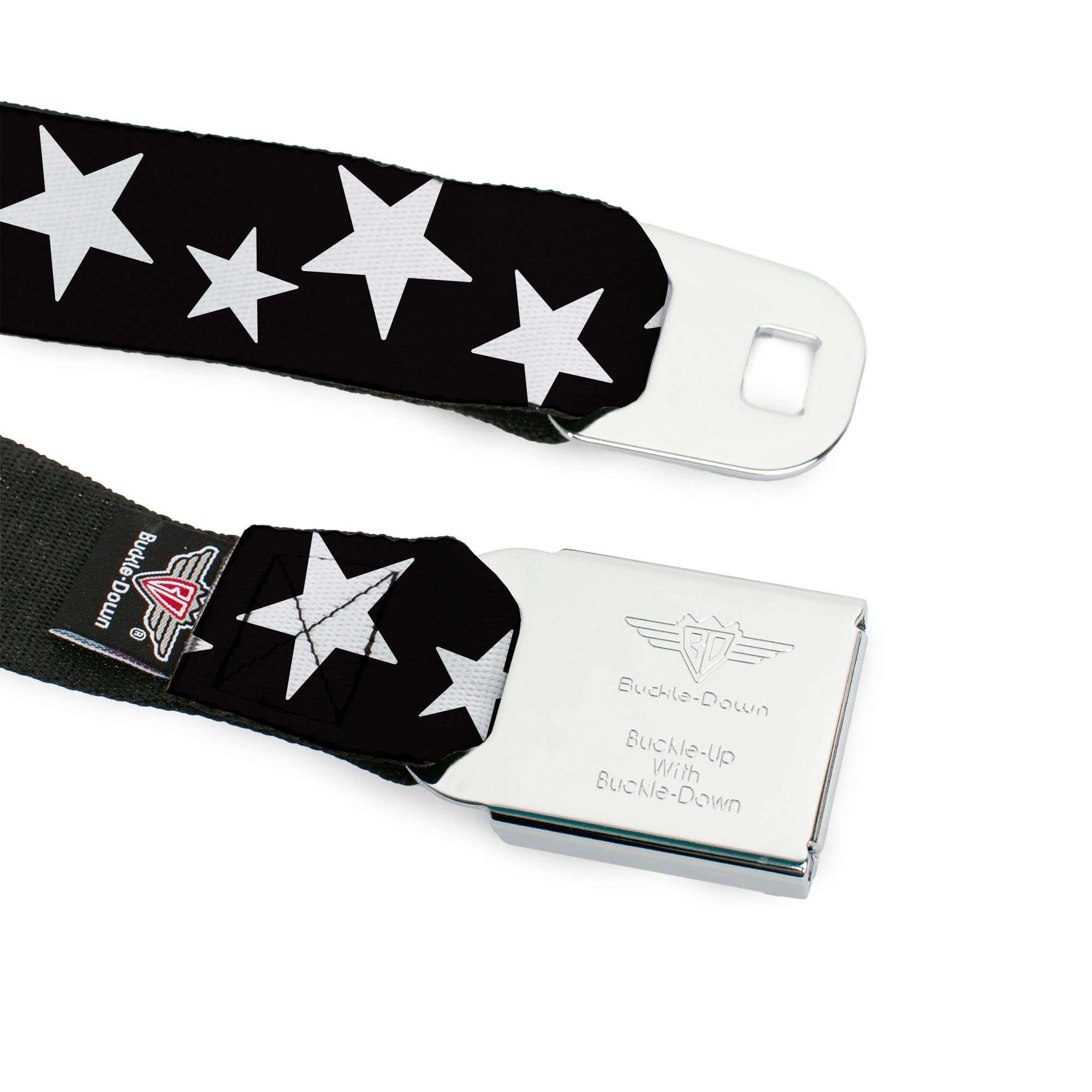 BD Wings Logo CLOSE-UP Full Color Black Silver Seatbelt Belt - Multi Stars Black/White Webbing Seatbelt Belts Buckle-Down