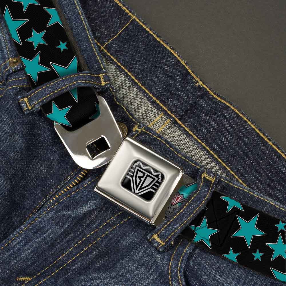 BD Wings Logo CLOSE-UP Full Color Black Silver Seatbelt Belt - Multi Stars Black/Turquoise Webbing Seatbelt Belts Buckle-Down
