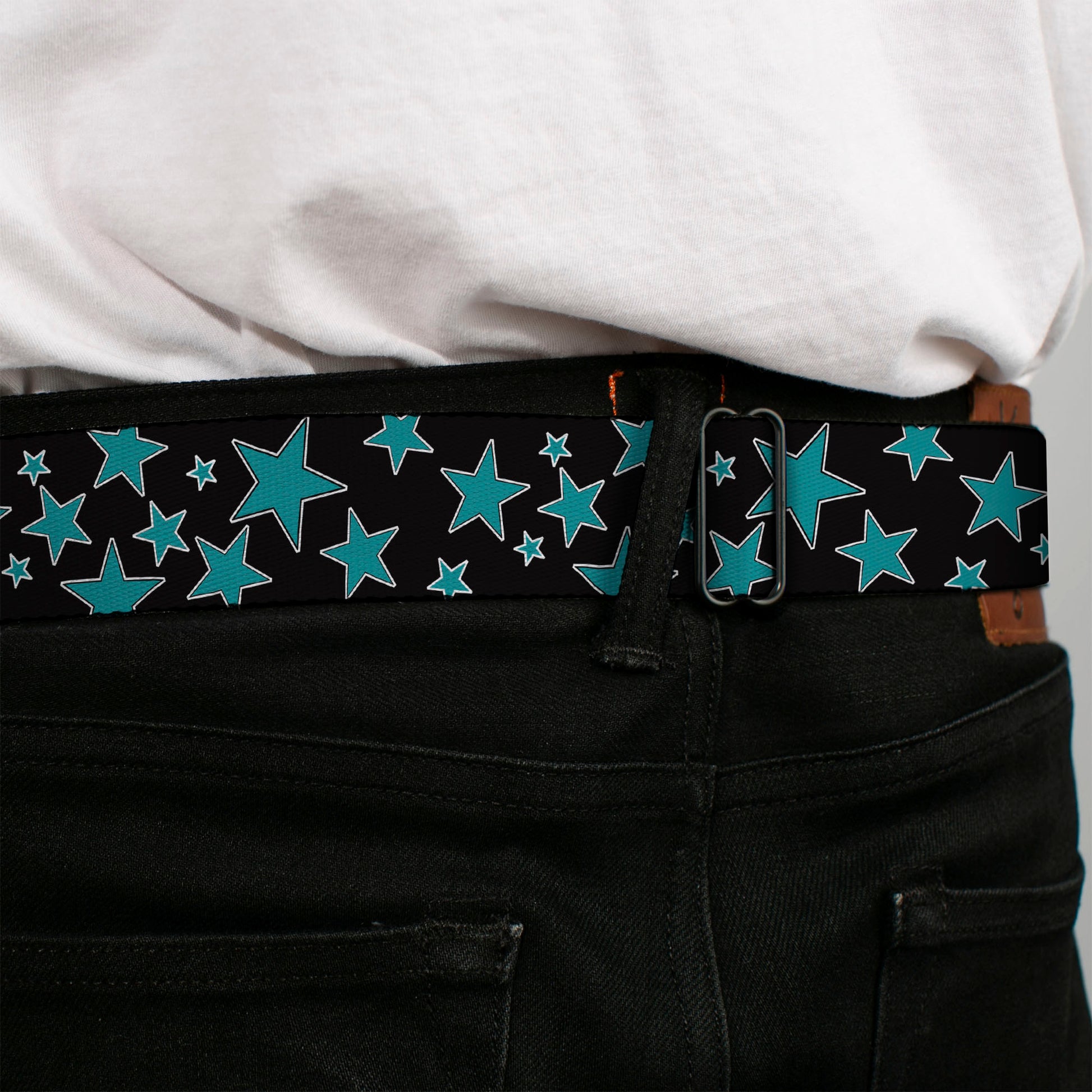 BD Wings Logo CLOSE-UP Full Color Black Silver Seatbelt Belt - Multi Stars Black/Turquoise Webbing Seatbelt Belts Buckle-Down
