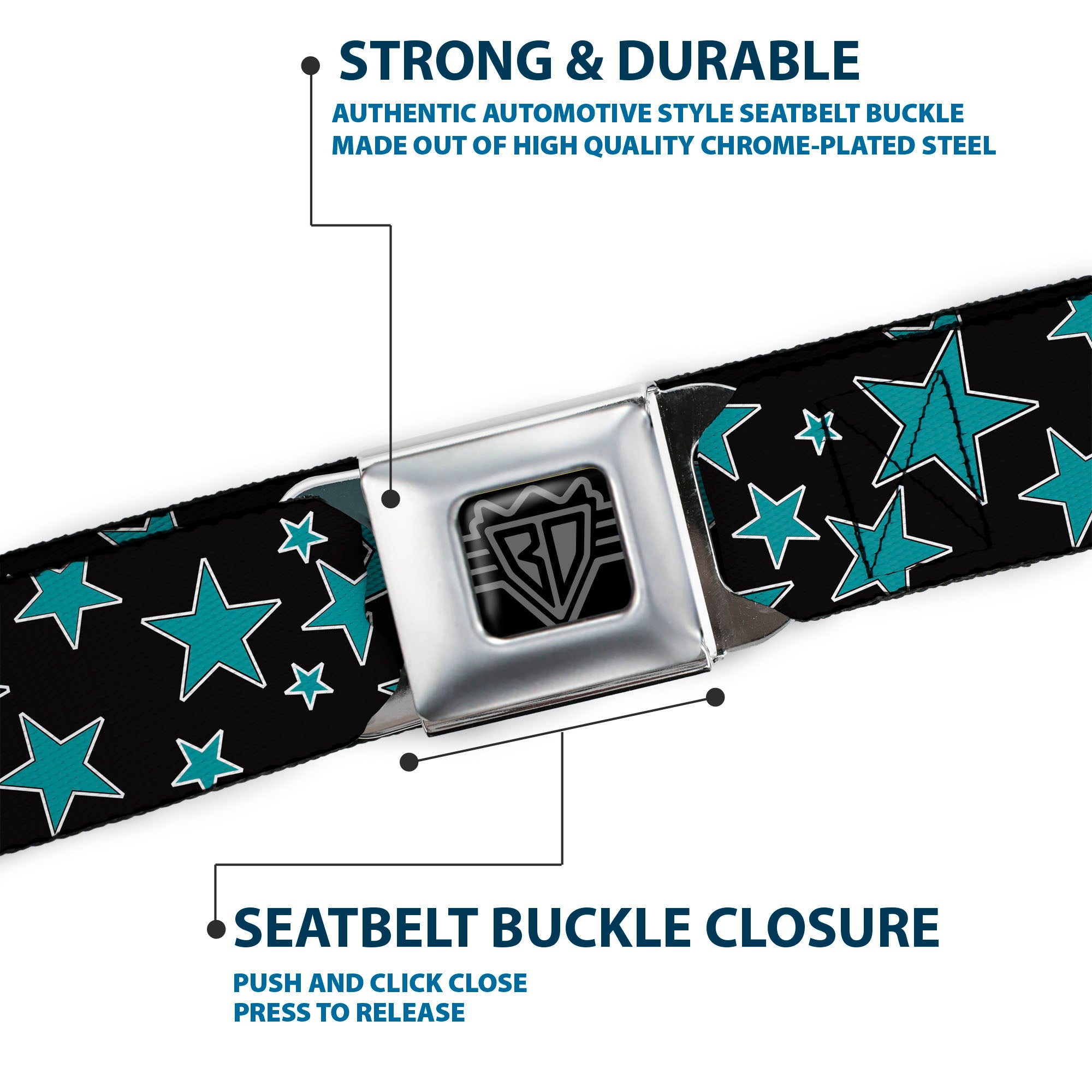 BD Wings Logo CLOSE-UP Full Color Black Silver Seatbelt Belt - Multi Stars Black/Turquoise Webbing Seatbelt Belts Buckle-Down