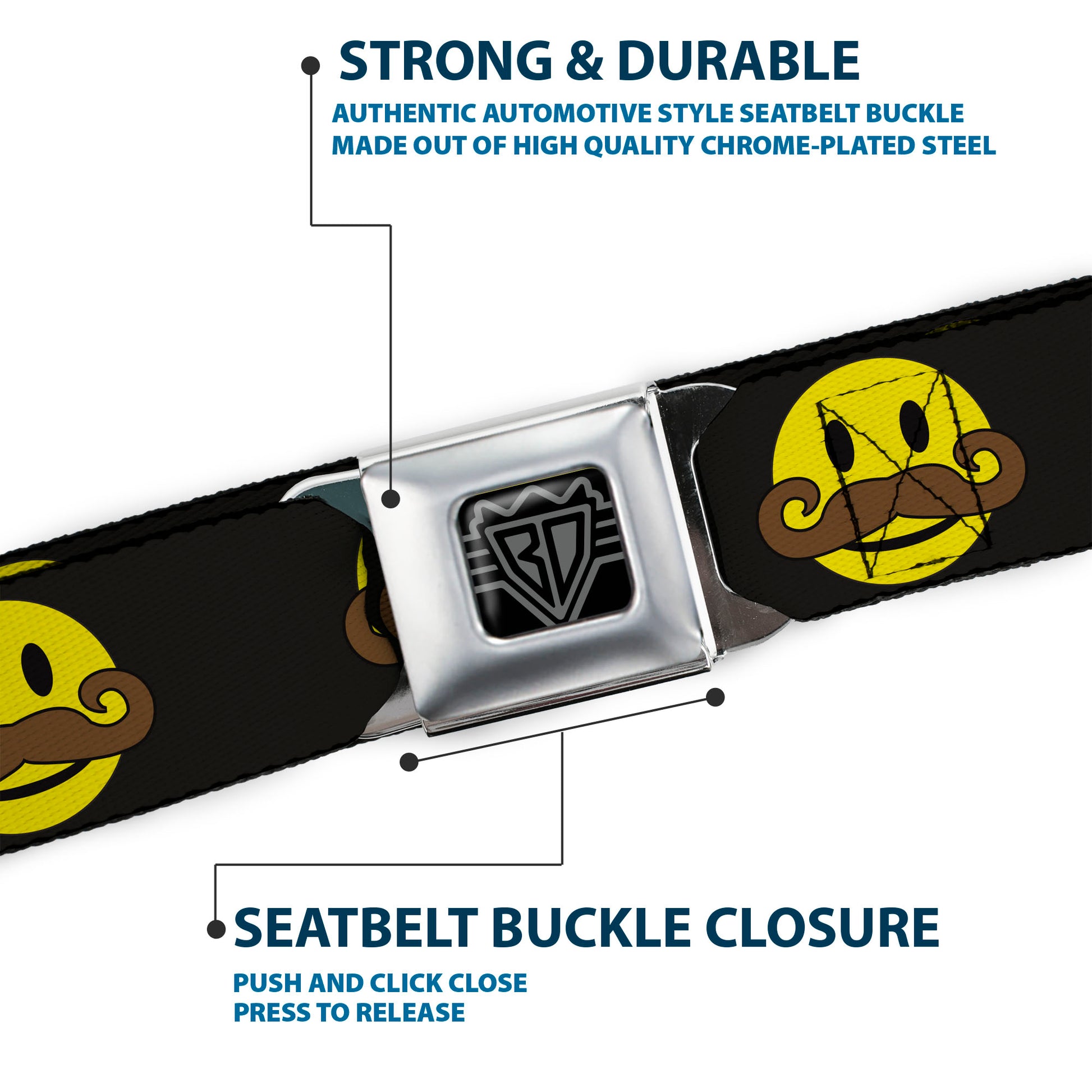BD Wings Logo CLOSE-UP Full Color Black Silver Seatbelt Belt - Mustache Happy Face Black/Yellow/Brown Webbing Seatbelt Belts Buckle-Down