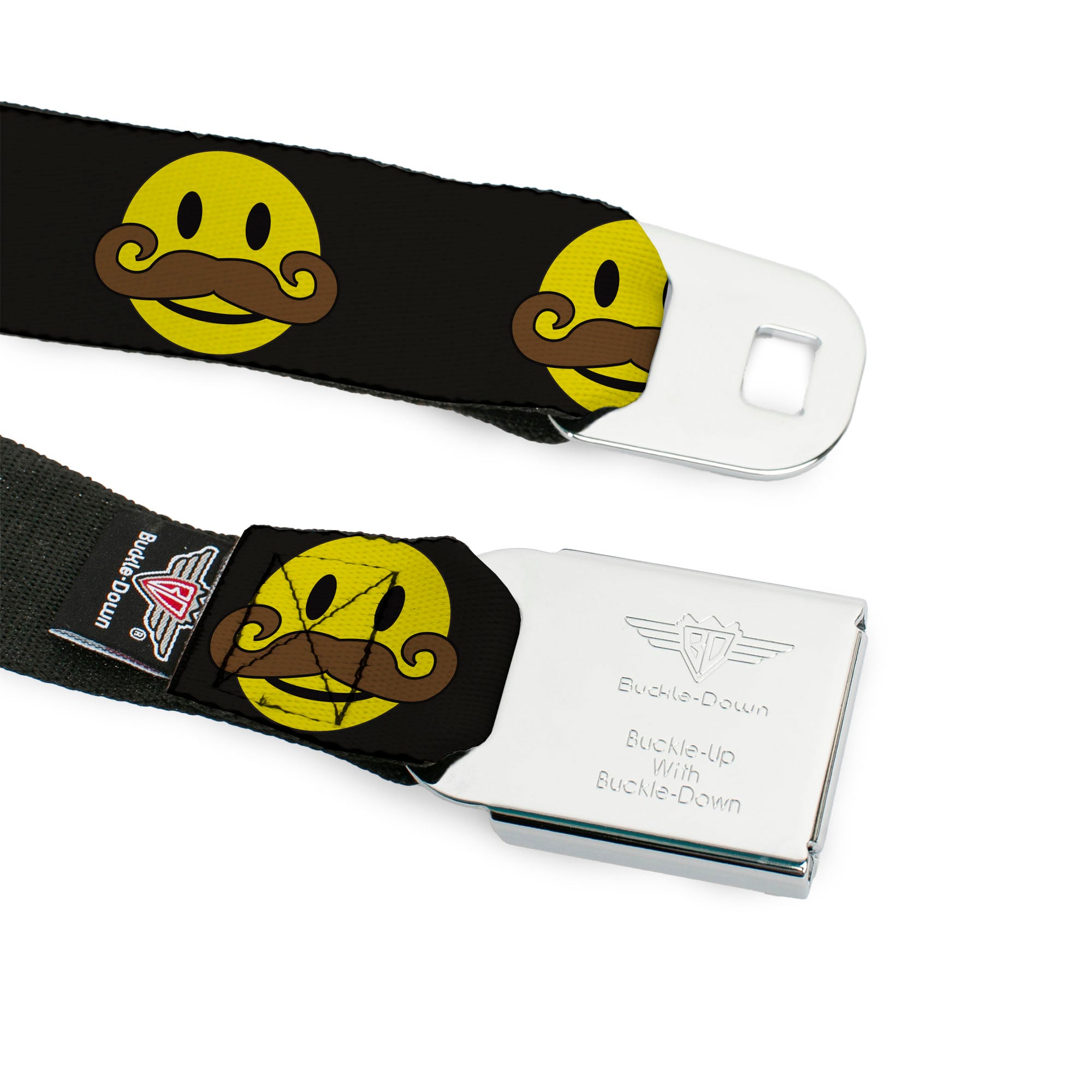 BD Wings Logo CLOSE-UP Full Color Black Silver Seatbelt Belt - Mustache Happy Face Black/Yellow/Brown Webbing Seatbelt Belts Buckle-Down