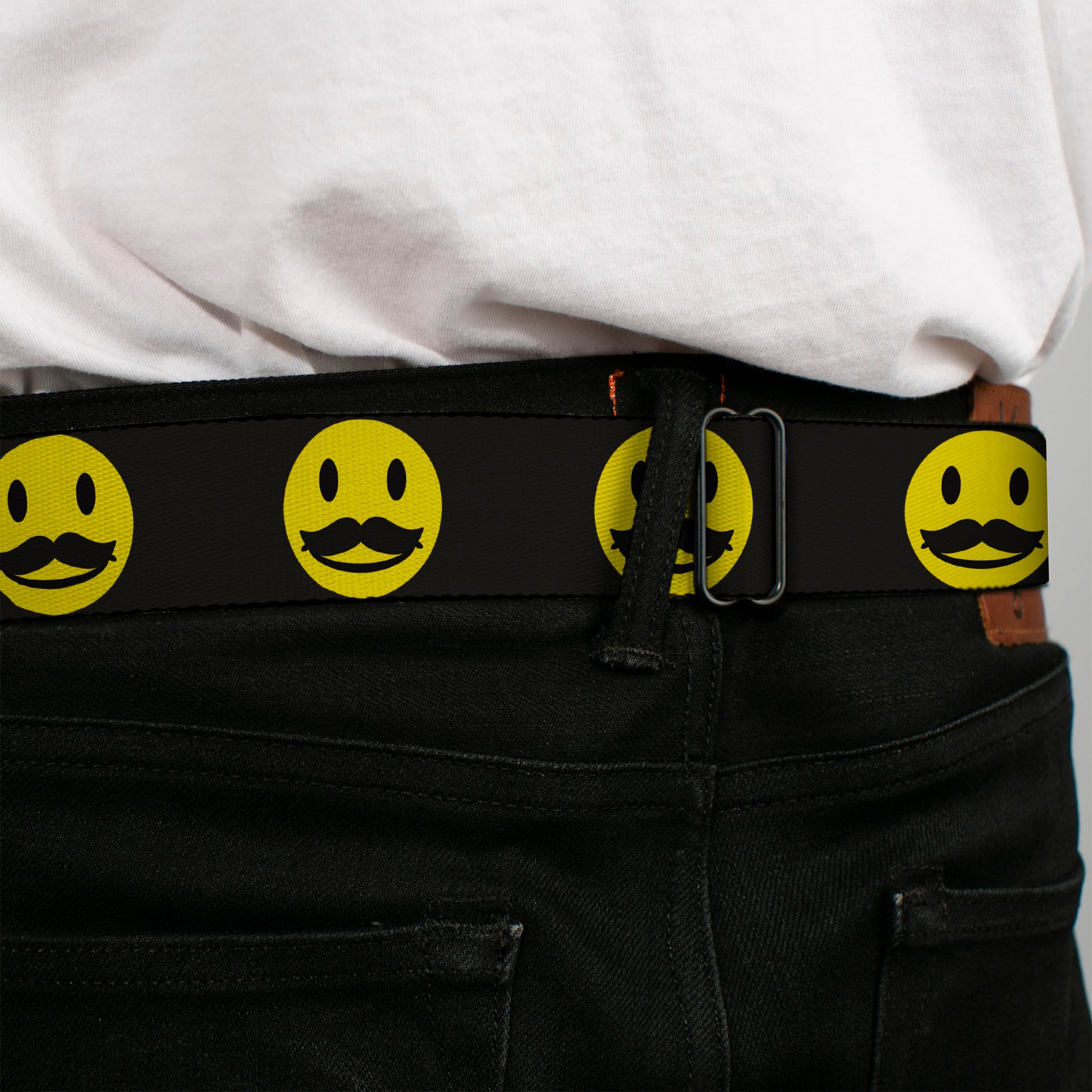 BD Wings Logo CLOSE-UP Full Color Black Silver Seatbelt Belt - Mustache Happy Face2 Black/Yellow/Black Webbing Seatbelt Belts Buckle-Down