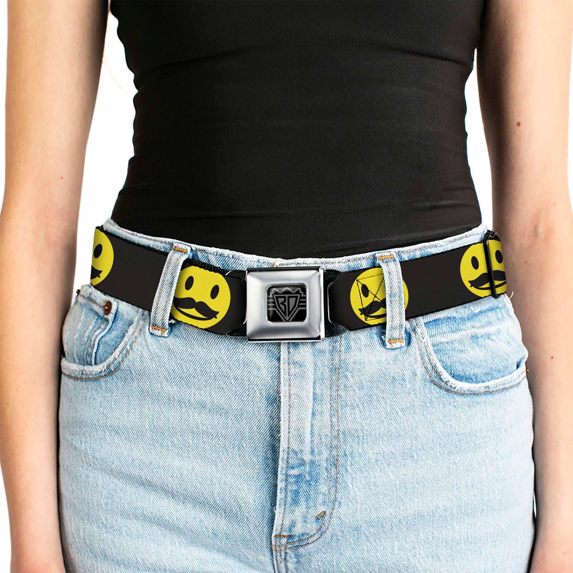 BD Wings Logo CLOSE-UP Full Color Black Silver Seatbelt Belt - Mustache Happy Face2 Black/Yellow/Black Webbing Seatbelt Belts Buckle-Down