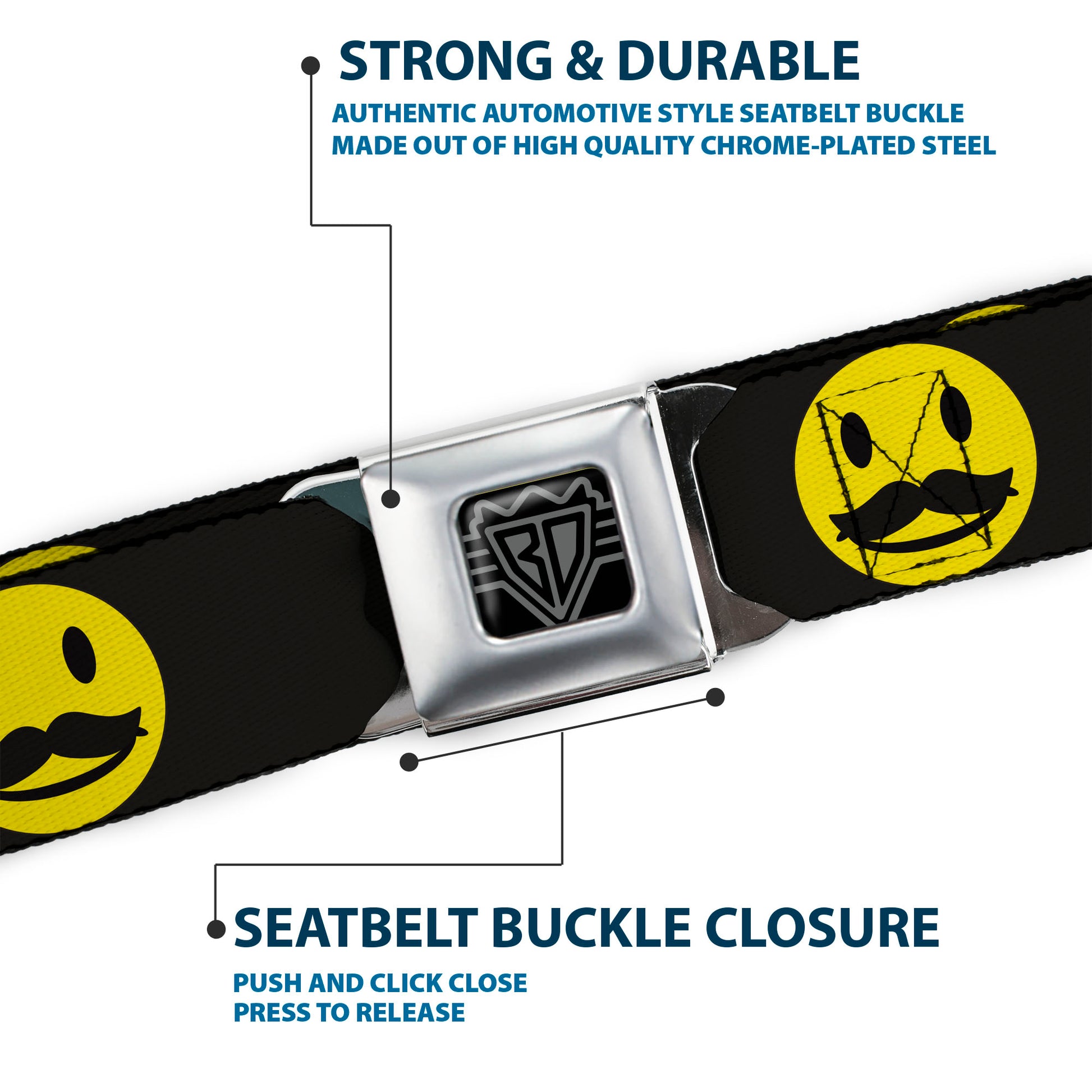 BD Wings Logo CLOSE-UP Full Color Black Silver Seatbelt Belt - Mustache Happy Face2 Black/Yellow/Black Webbing Seatbelt Belts Buckle-Down