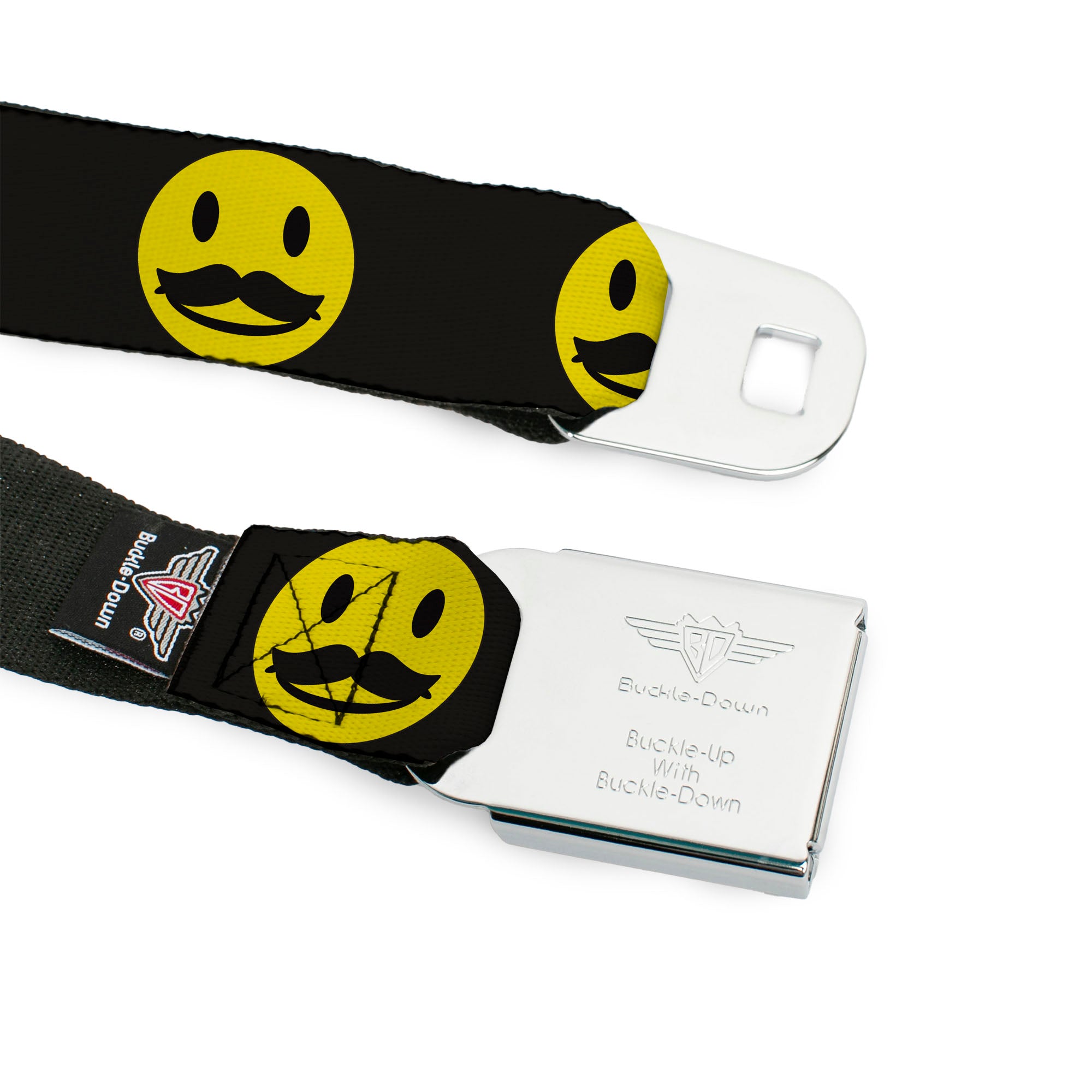 BD Wings Logo CLOSE-UP Full Color Black Silver Seatbelt Belt - Mustache Happy Face2 Black/Yellow/Black Webbing Seatbelt Belts Buckle-Down