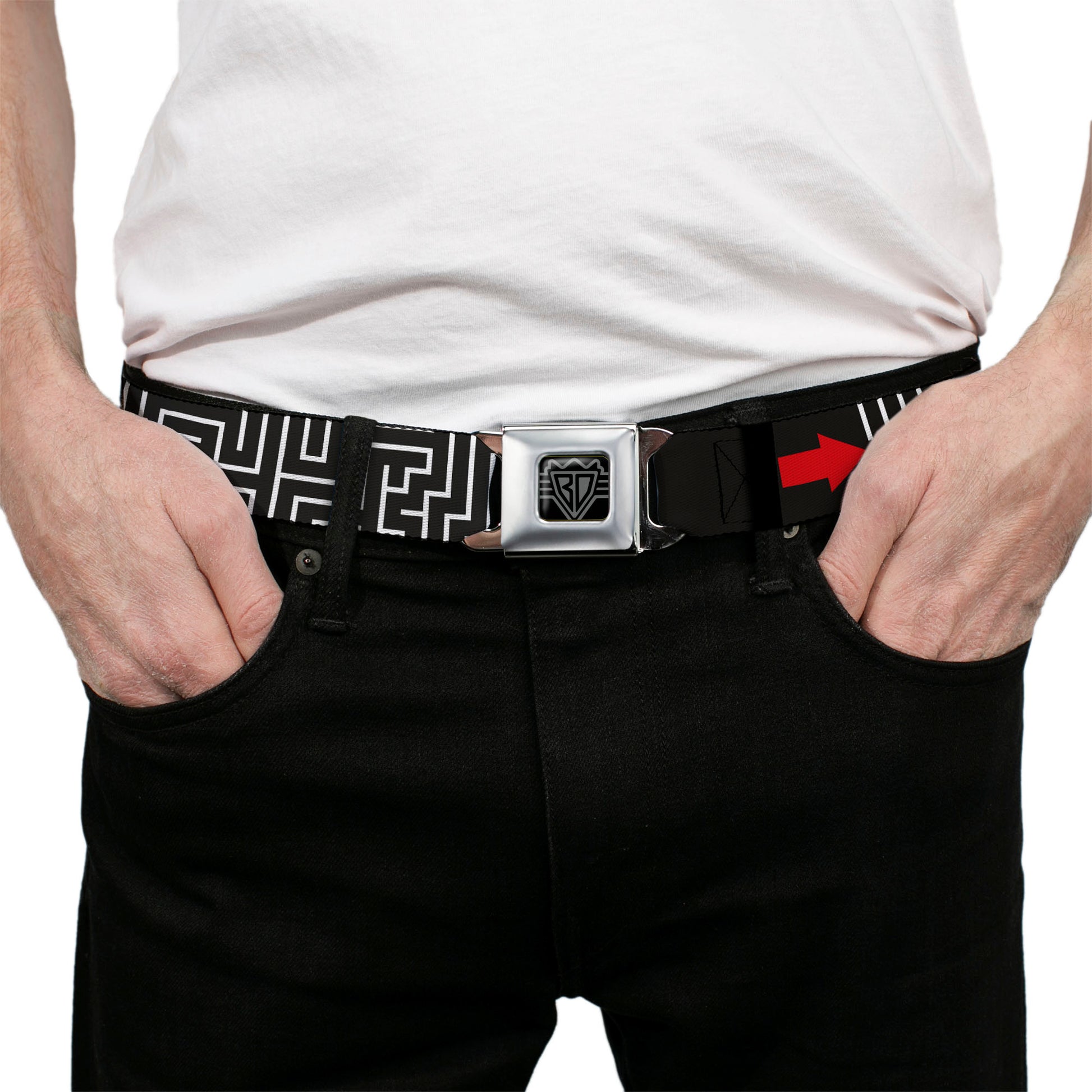 BD Wings Logo CLOSE-UP Full Color Black Silver Seatbelt Belt - Maze Black/White/Red Webbing Seatbelt Belts Buckle-Down