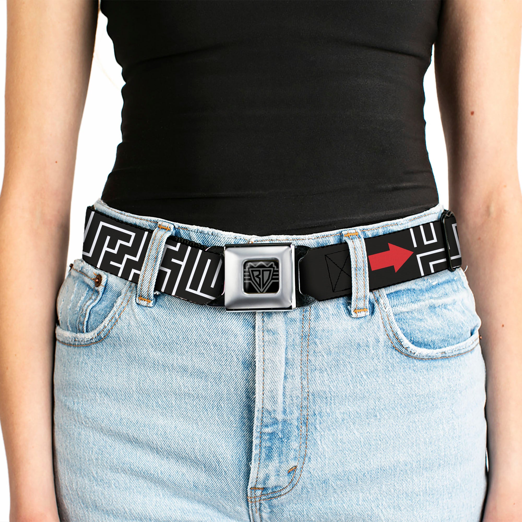 BD Wings Logo CLOSE-UP Full Color Black Silver Seatbelt Belt - Maze Black/White/Red Webbing Seatbelt Belts Buckle-Down