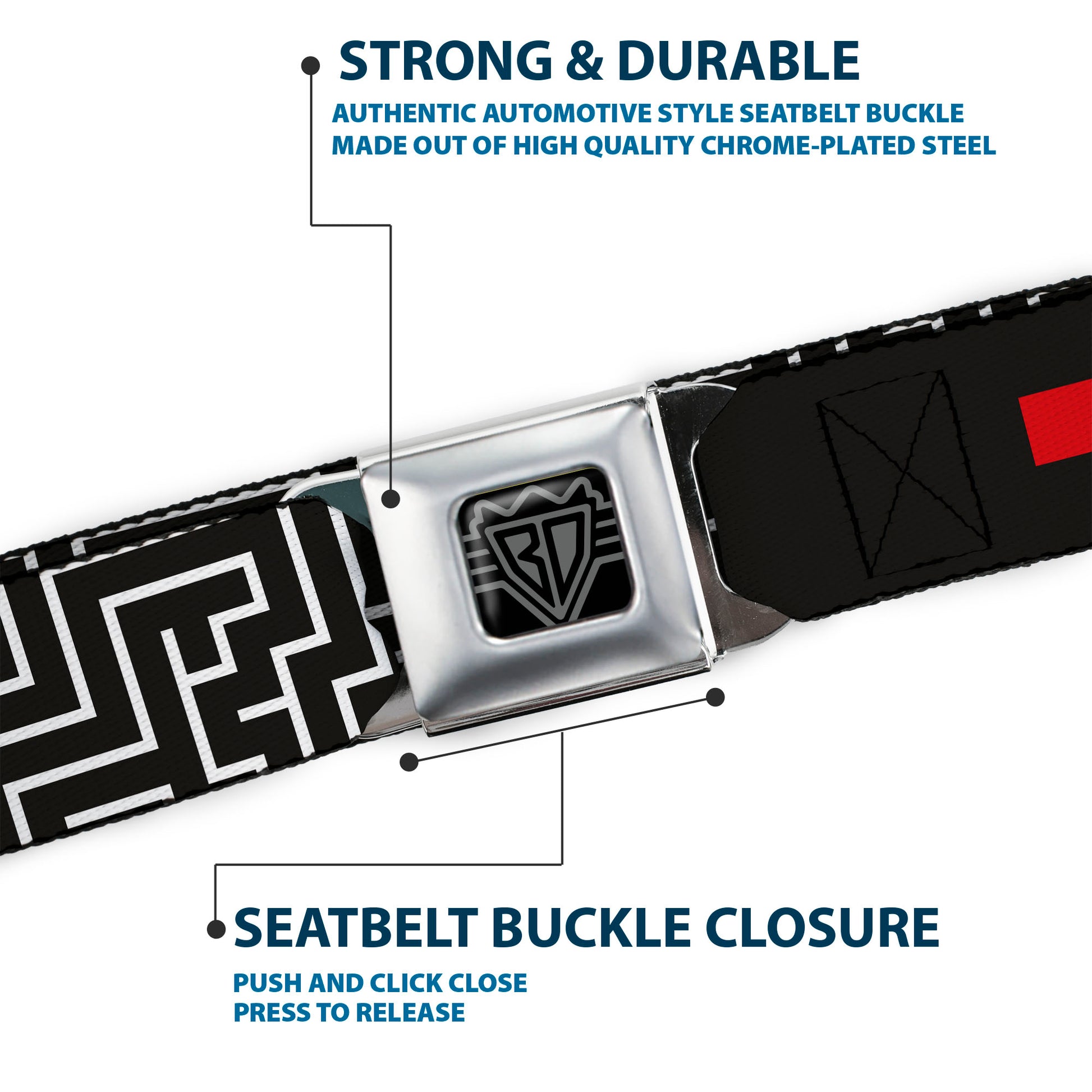 BD Wings Logo CLOSE-UP Full Color Black Silver Seatbelt Belt - Maze Black/White/Red Webbing Seatbelt Belts Buckle-Down