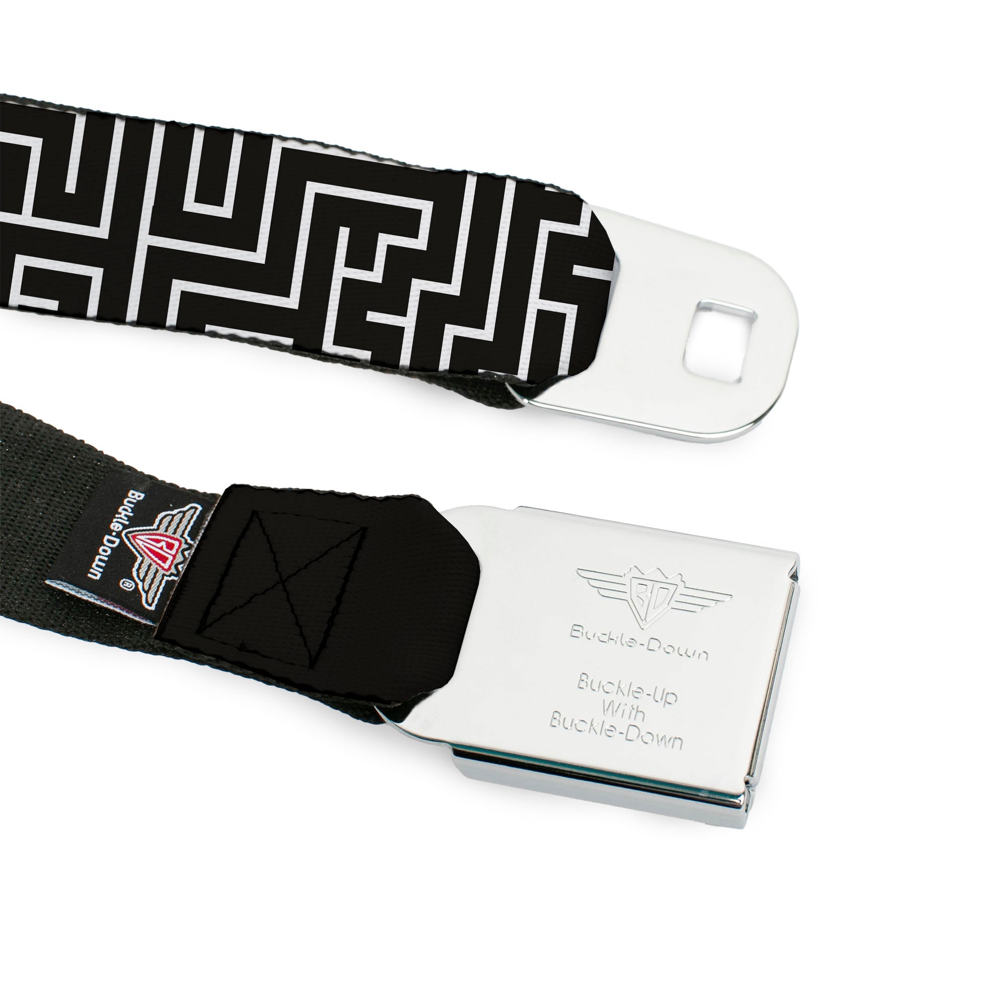 BD Wings Logo CLOSE-UP Full Color Black Silver Seatbelt Belt - Maze Black/White/Red Webbing Seatbelt Belts Buckle-Down