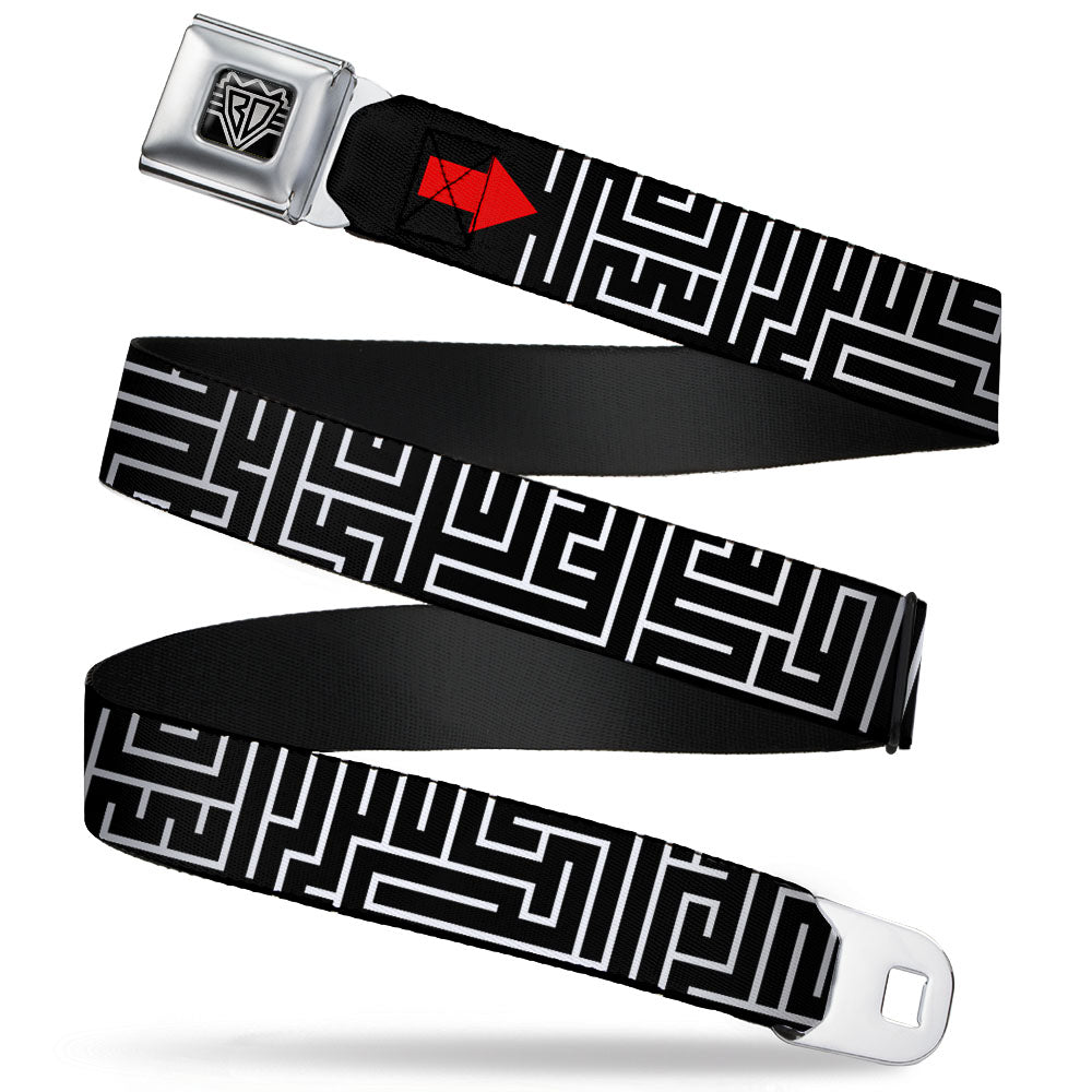 BD Wings Logo CLOSE-UP Full Color Black Silver Seatbelt Belt - Maze Black/White/Red Webbing Seatbelt Belts Buckle-Down