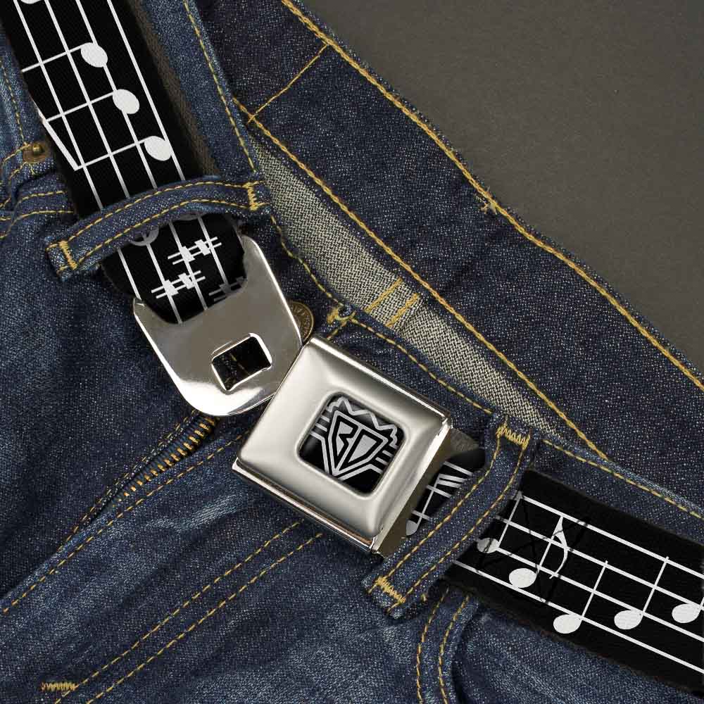 BD Wings Logo CLOSE-UP Full Color Black Silver Seatbelt Belt - Music Notes Black/White Webbing Seatbelt Belts Buckle-Down