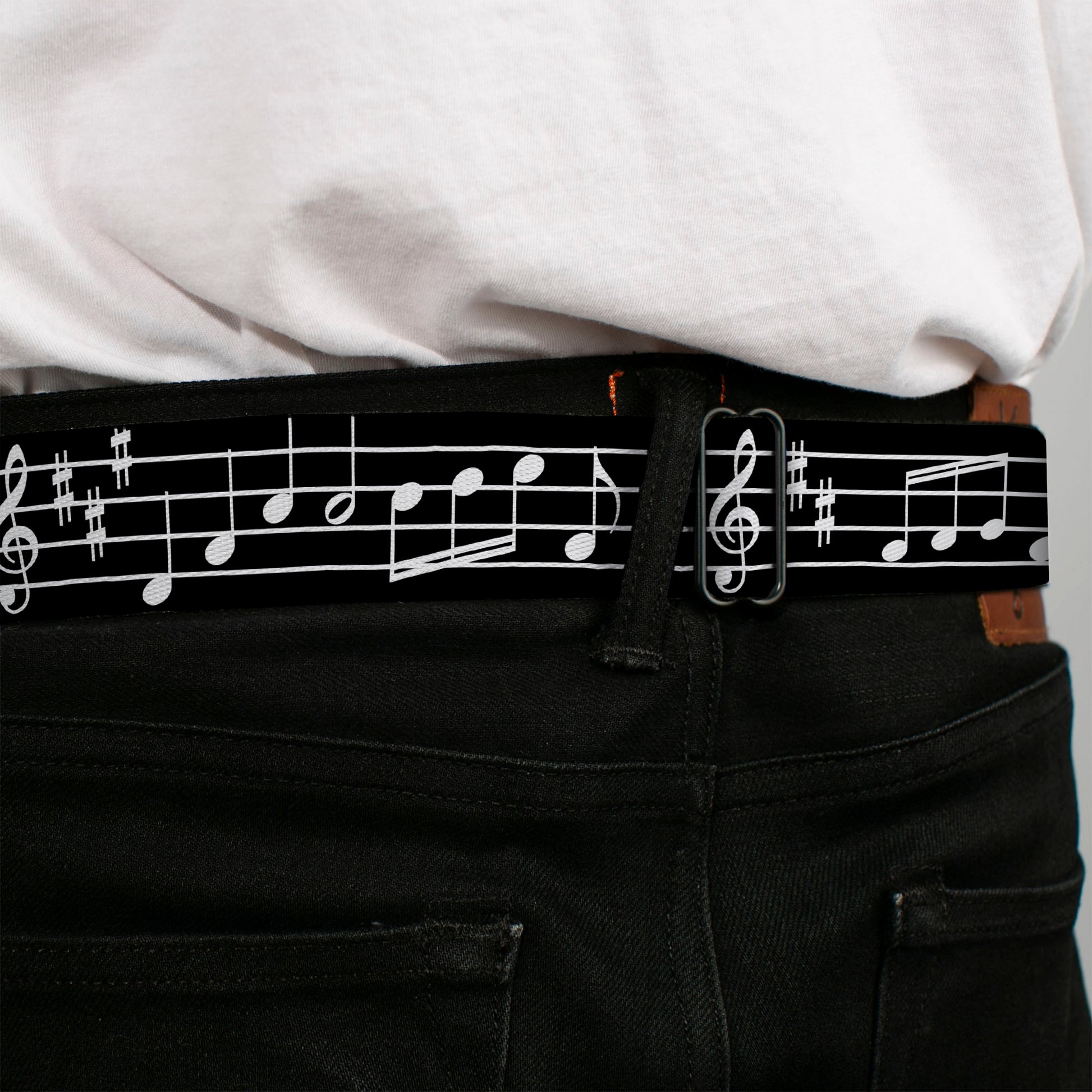BD Wings Logo CLOSE-UP Full Color Black Silver Seatbelt Belt - Music Notes Black/White Webbing Seatbelt Belts Buckle-Down