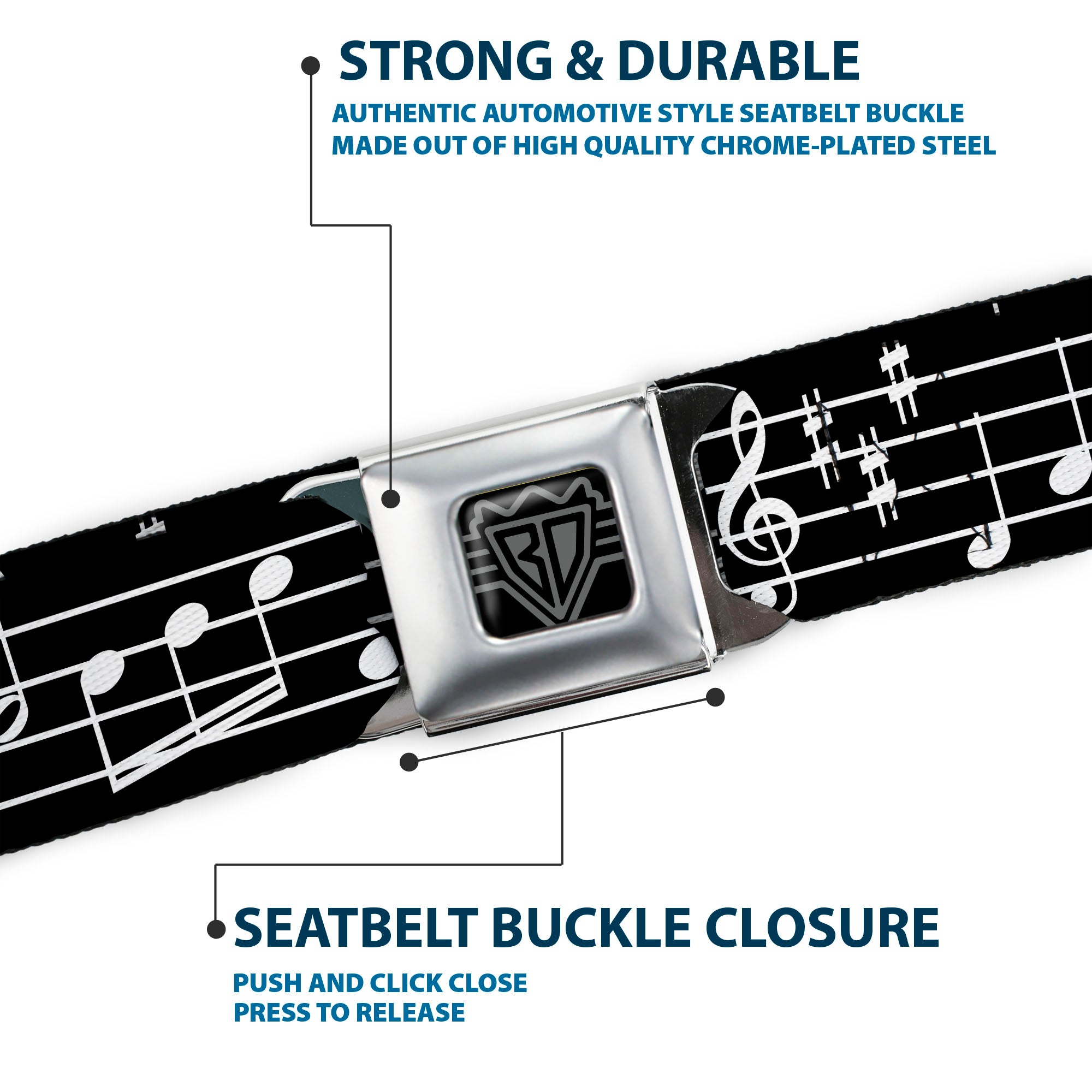 BD Wings Logo CLOSE-UP Full Color Black Silver Seatbelt Belt - Music Notes Black/White Webbing Seatbelt Belts Buckle-Down