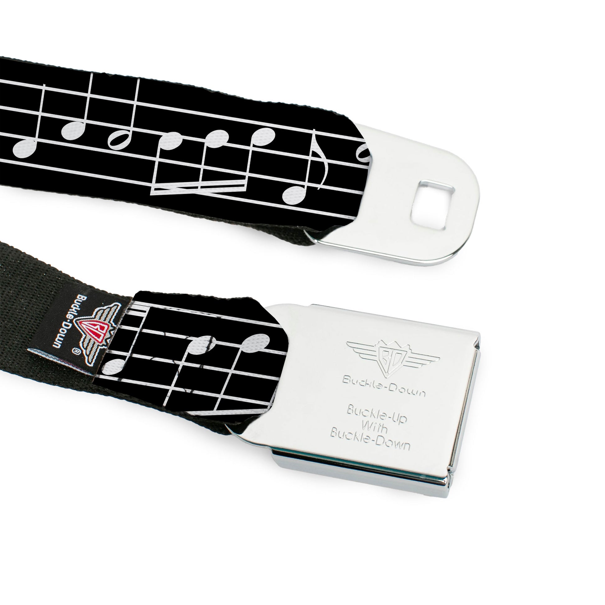 BD Wings Logo CLOSE-UP Full Color Black Silver Seatbelt Belt - Music Notes Black/White Webbing Seatbelt Belts Buckle-Down
