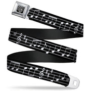 BD Wings Logo CLOSE-UP Full Color Black Silver Seatbelt Belt - Music Notes Black/White Webbing Seatbelt Belts Buckle-Down