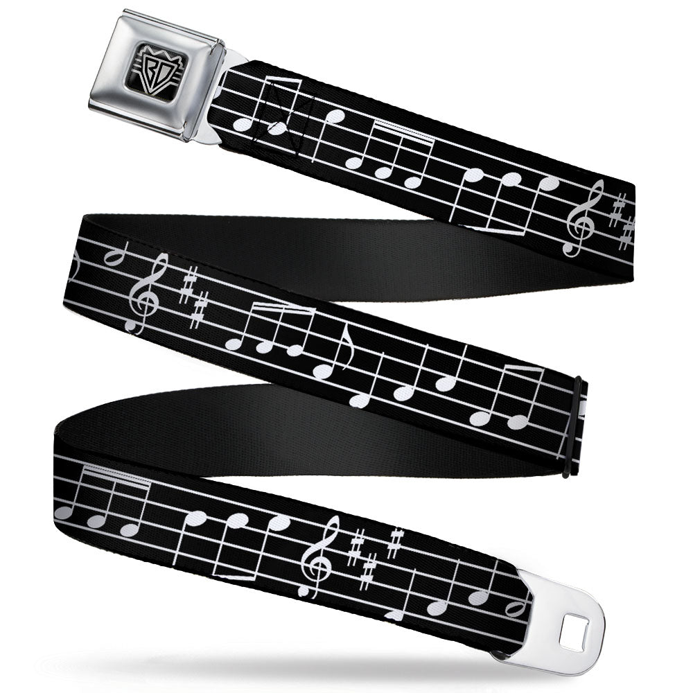 BD Wings Logo CLOSE-UP Full Color Black Silver Seatbelt Belt - Music Notes Black/White Webbing Seatbelt Belts Buckle-Down