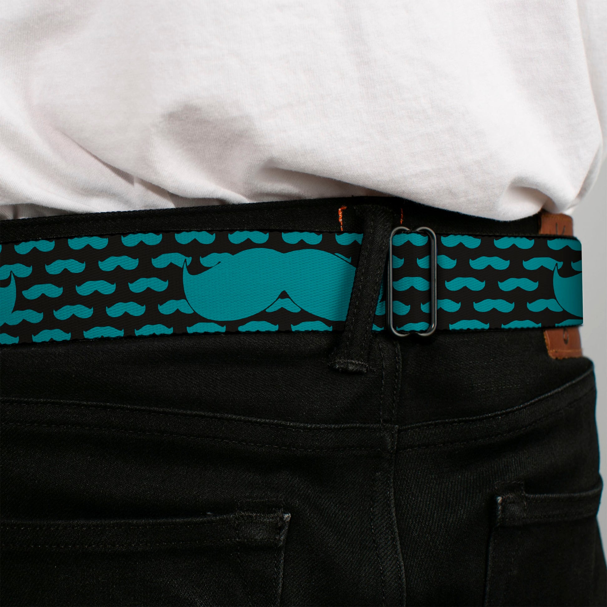 BD Wings Logo CLOSE-UP Full Color Black Silver Seatbelt Belt - Mustaches Mini/Single Repeat Black/Turquoise Webbing Seatbelt Belts Buckle-Down