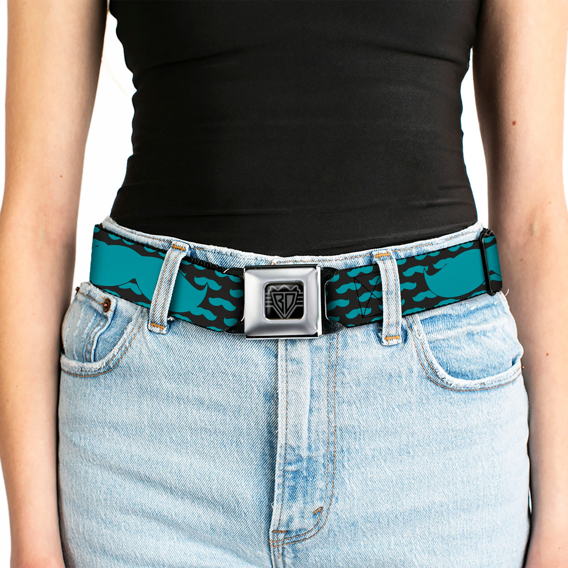 BD Wings Logo CLOSE-UP Full Color Black Silver Seatbelt Belt - Mustaches Mini/Single Repeat Black/Turquoise Webbing Seatbelt Belts Buckle-Down