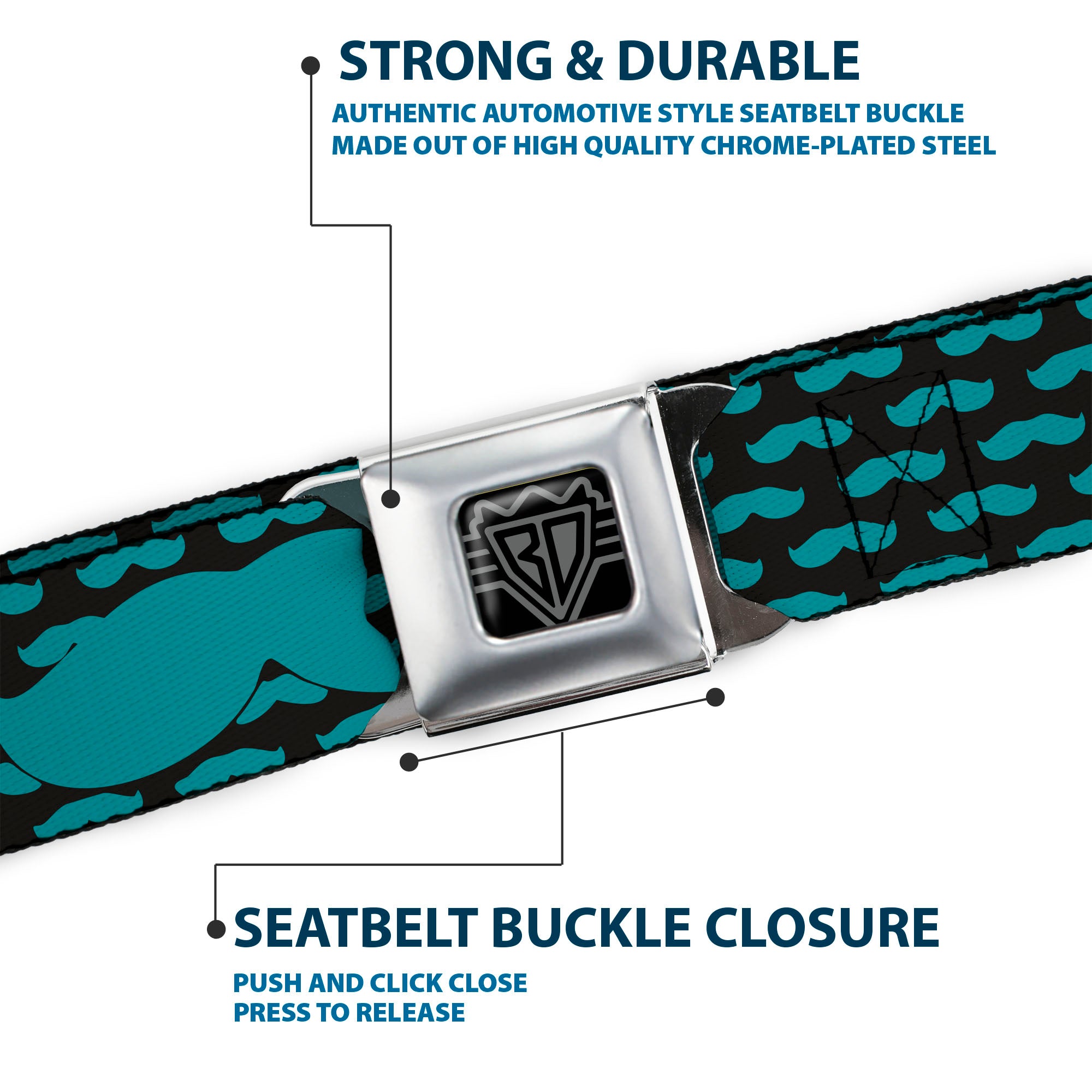 BD Wings Logo CLOSE-UP Full Color Black Silver Seatbelt Belt - Mustaches Mini/Single Repeat Black/Turquoise Webbing Seatbelt Belts Buckle-Down
