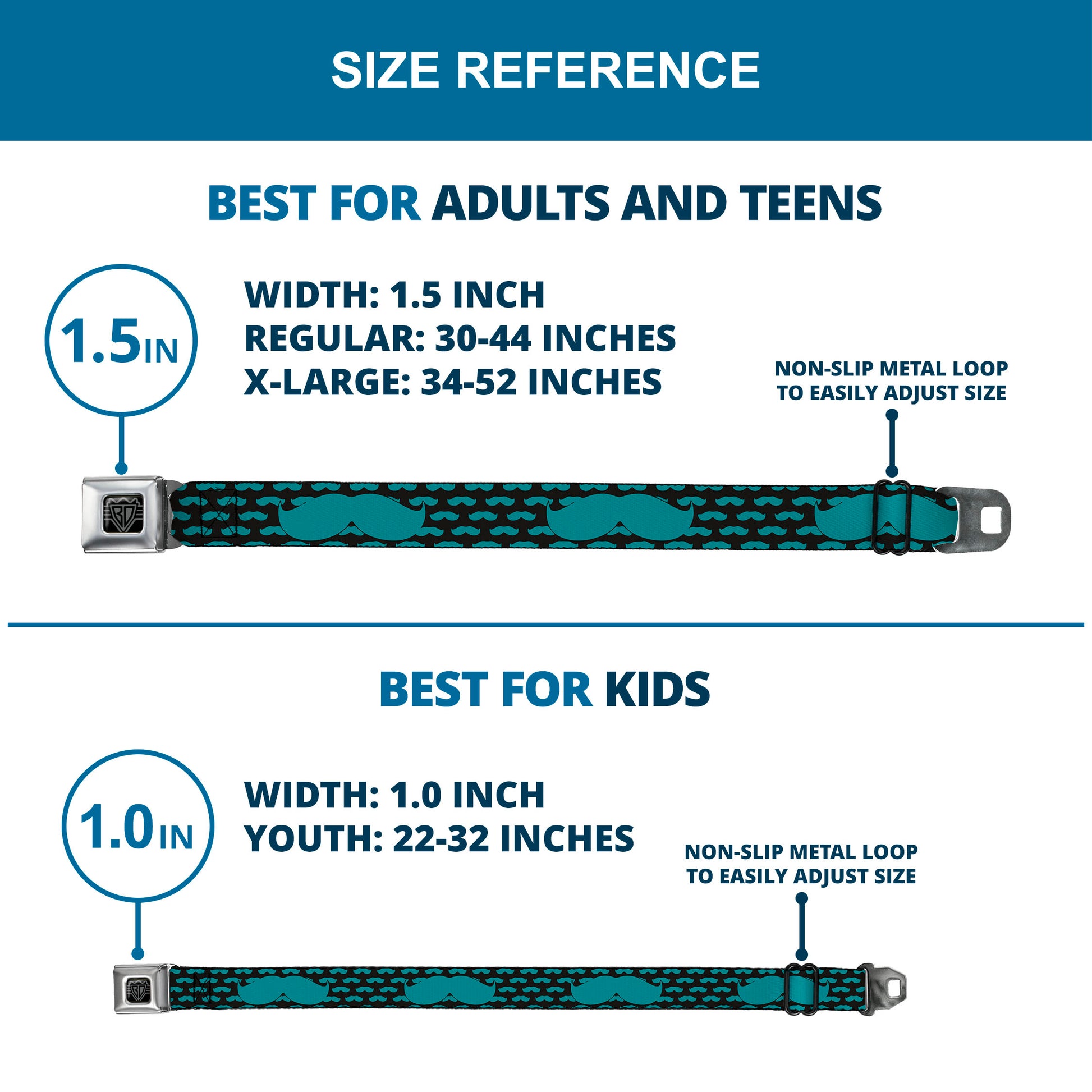 BD Wings Logo CLOSE-UP Full Color Black Silver Seatbelt Belt - Mustaches Mini/Single Repeat Black/Turquoise Webbing Seatbelt Belts Buckle-Down