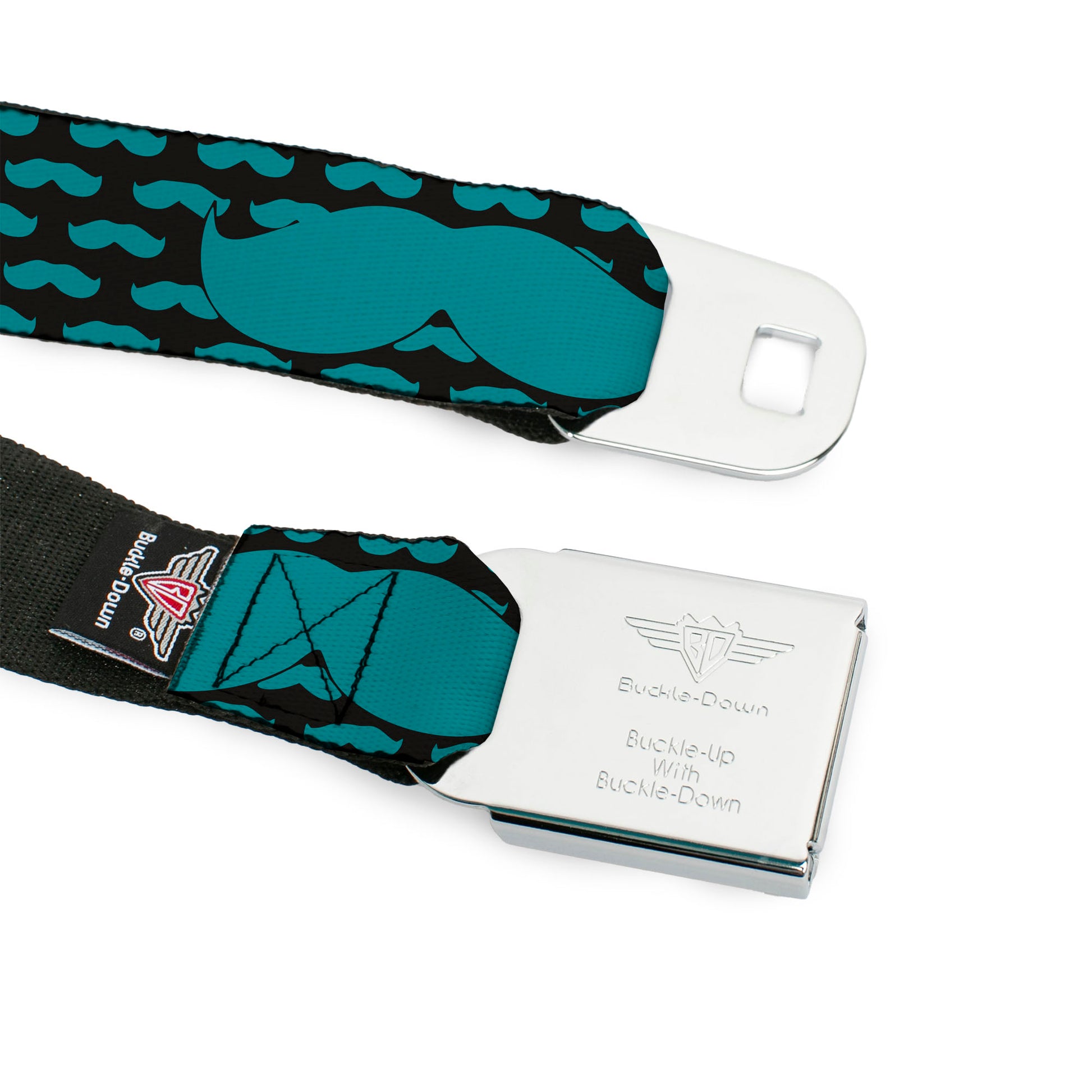 BD Wings Logo CLOSE-UP Full Color Black Silver Seatbelt Belt - Mustaches Mini/Single Repeat Black/Turquoise Webbing Seatbelt Belts Buckle-Down