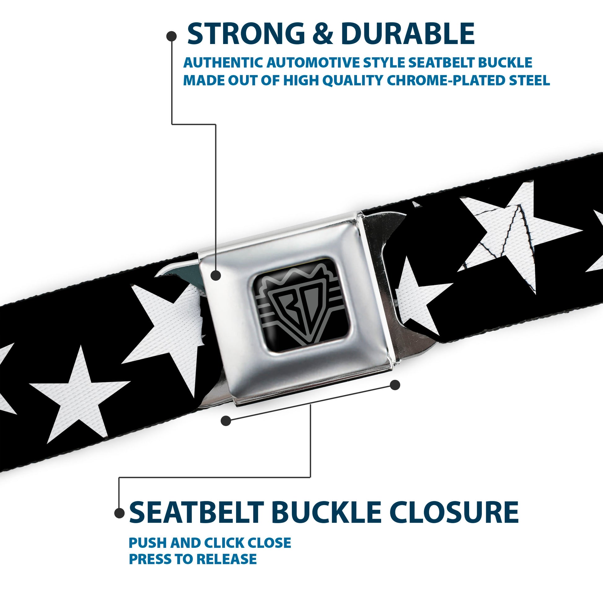 BD Wings Logo CLOSE-UP Black/Silver Seatbelt Belt - Multi Stars Black/White/Black/White Outline Webbing Seatbelt Belts Buckle-Down