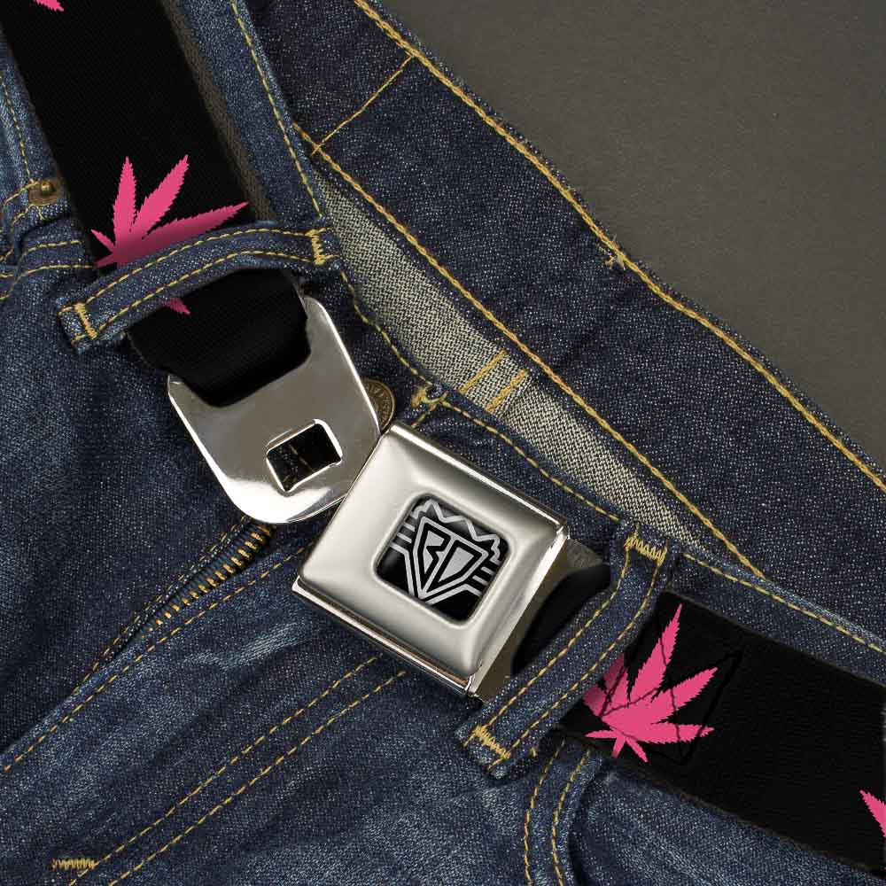 Seatbelt Belt - Marijuana Leaf Repeat Black/Pink Seatbelt Belts Buckle-Down
