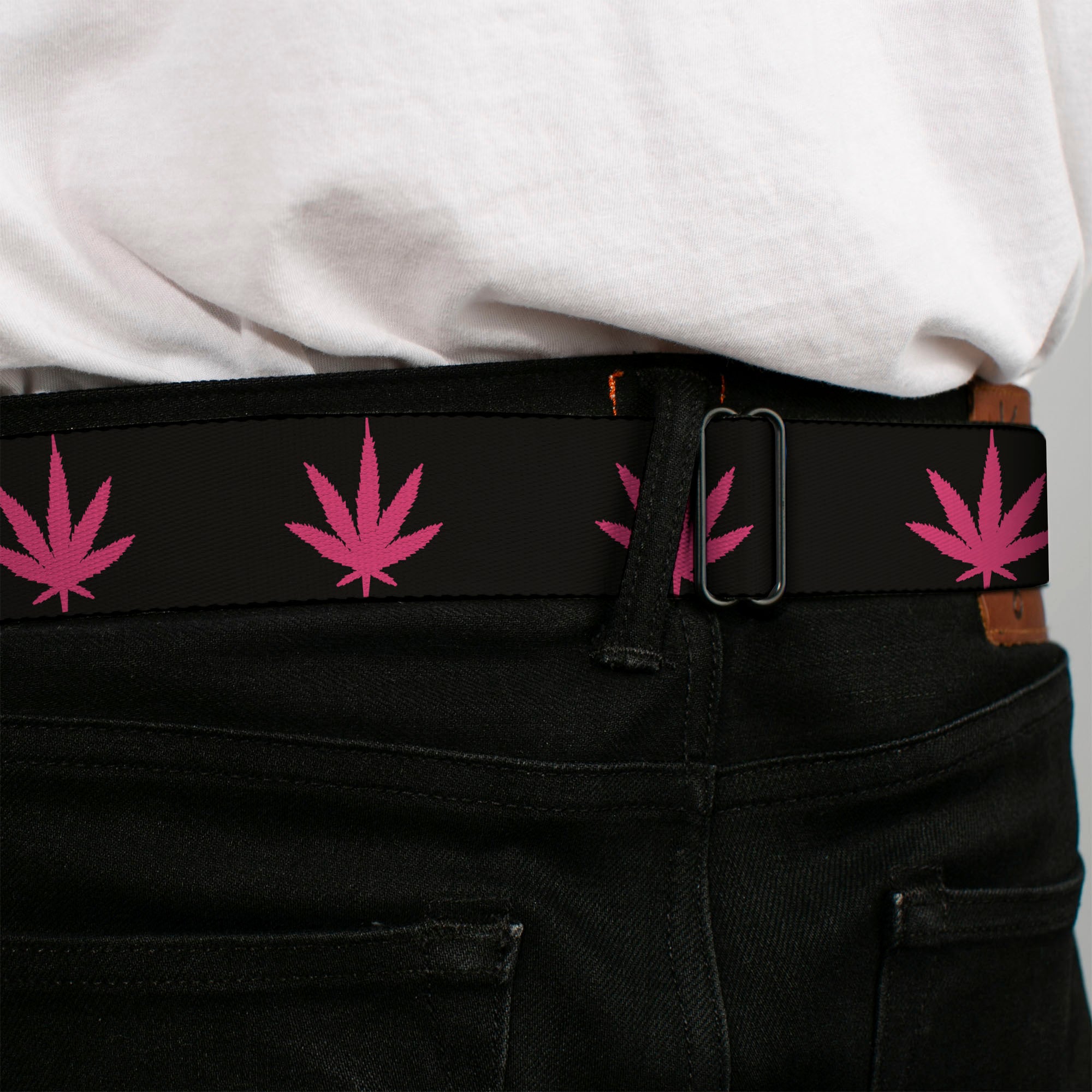 Seatbelt Belt - Marijuana Leaf Repeat Black/Pink Seatbelt Belts Buckle-Down