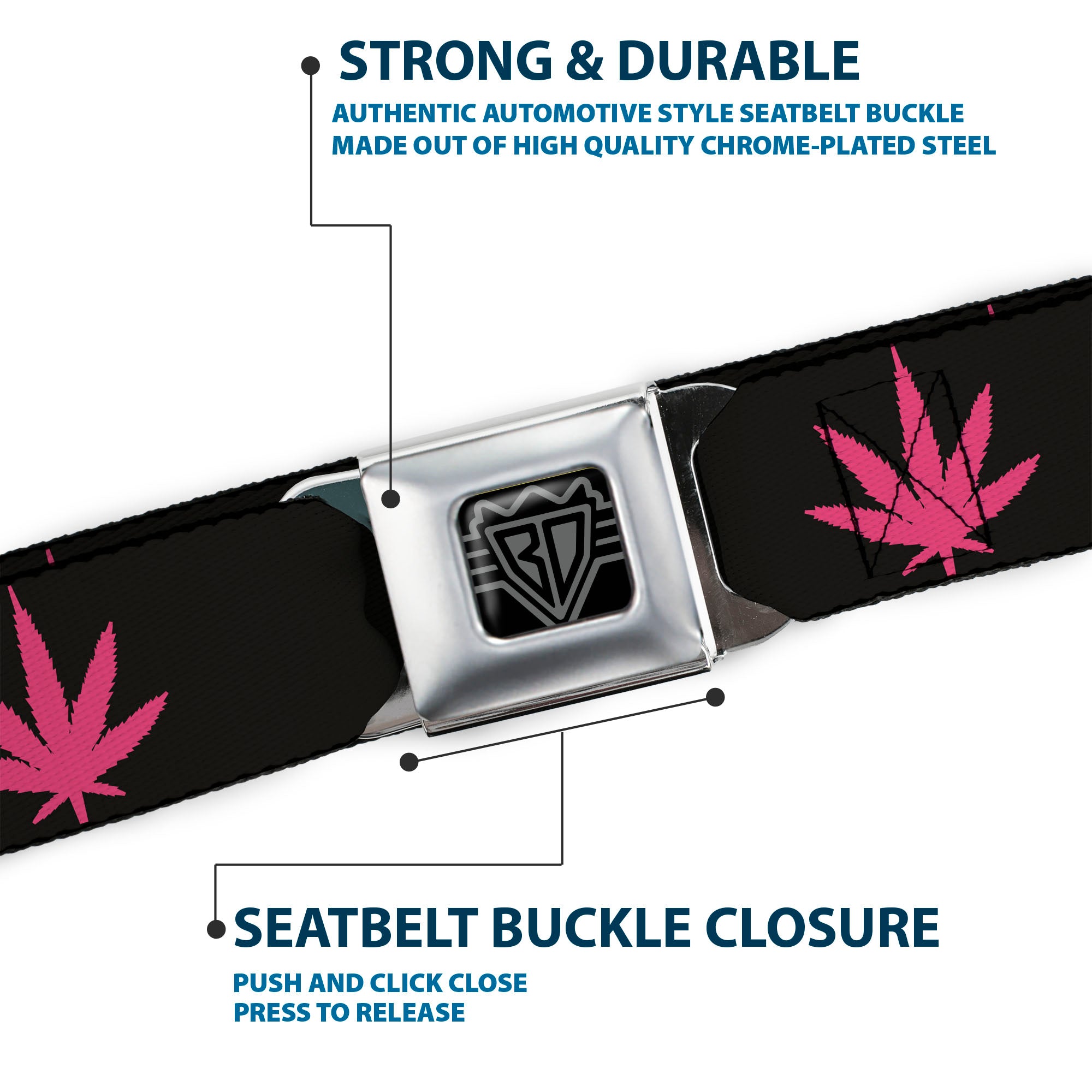 Seatbelt Belt - Marijuana Leaf Repeat Black/Pink Seatbelt Belts Buckle-Down