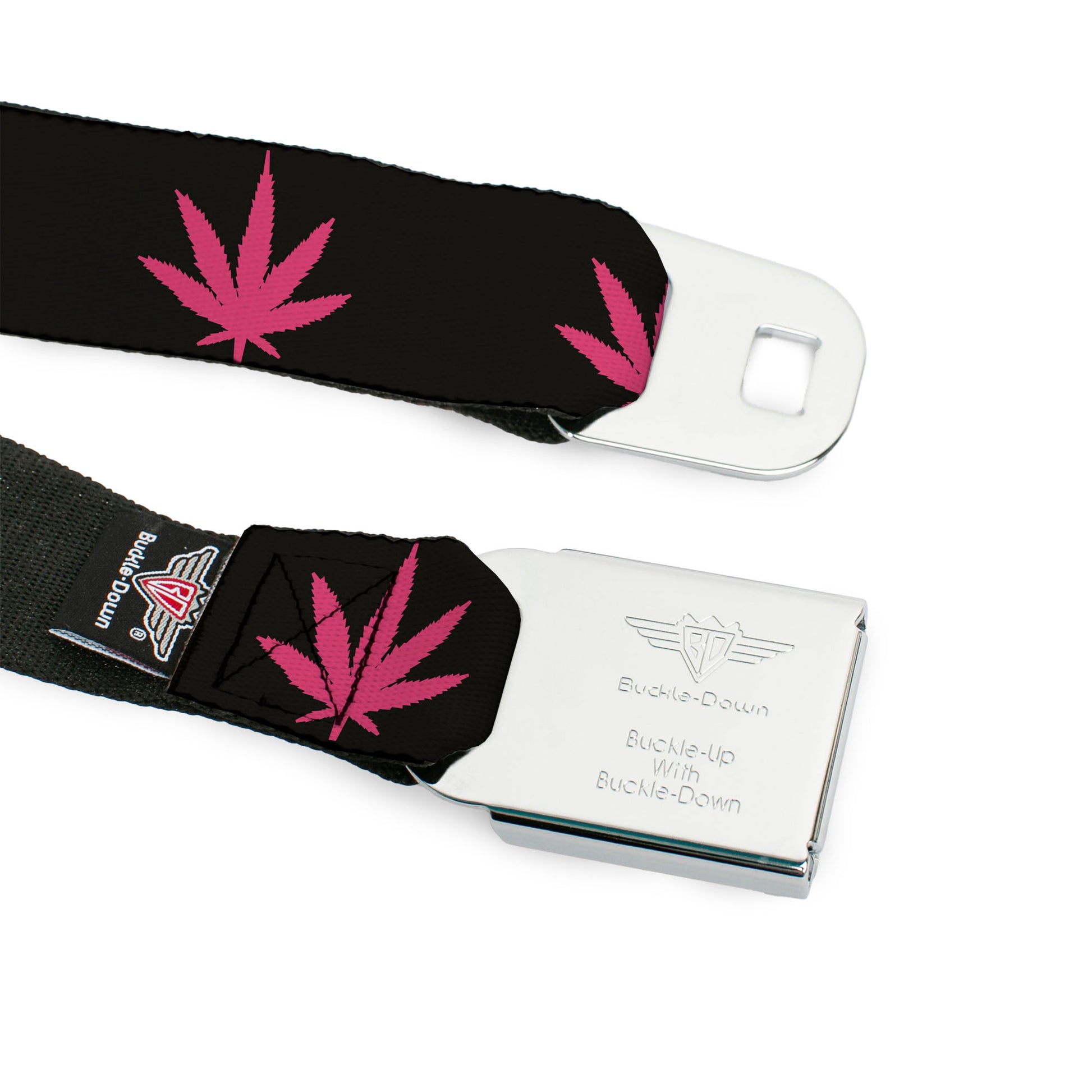 Seatbelt Belt - Marijuana Leaf Repeat Black/Pink Seatbelt Belts Buckle-Down