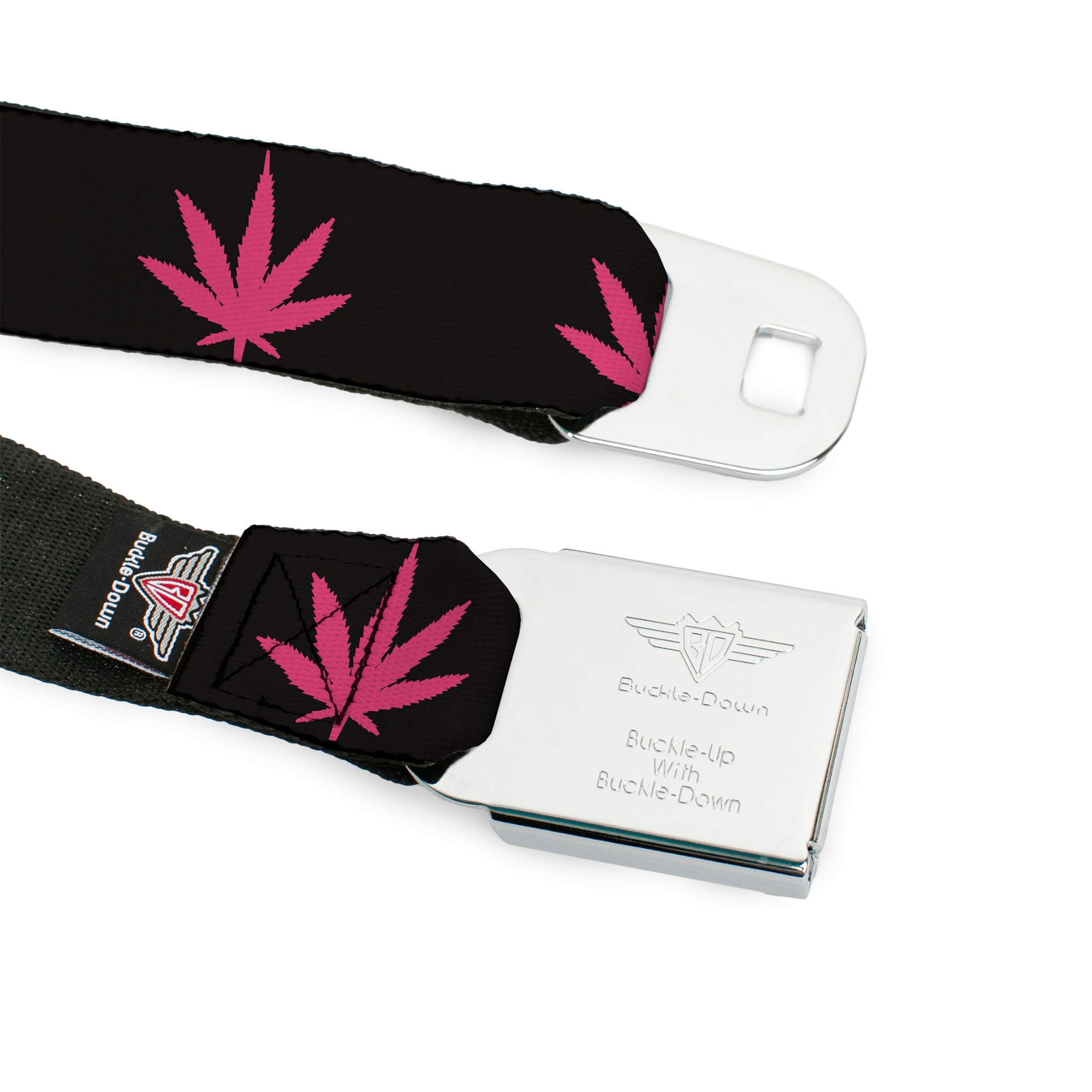 Seatbelt Belt - Marijuana Leaf Repeat Black/Pink Seatbelt Belts Buckle-Down