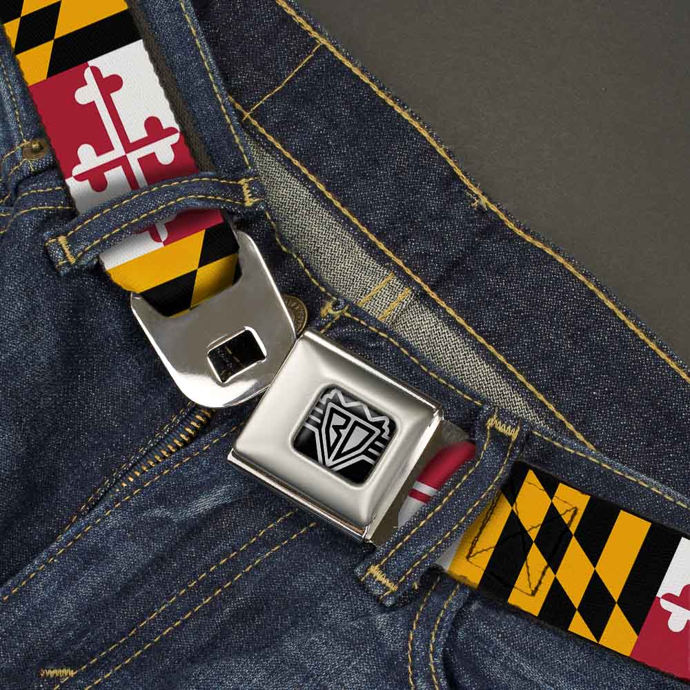 BD Wings Logo CLOSE-UP Full Color Black Silver Seatbelt Belt - Maryland Flags Webbing Seatbelt Belts Buckle-Down