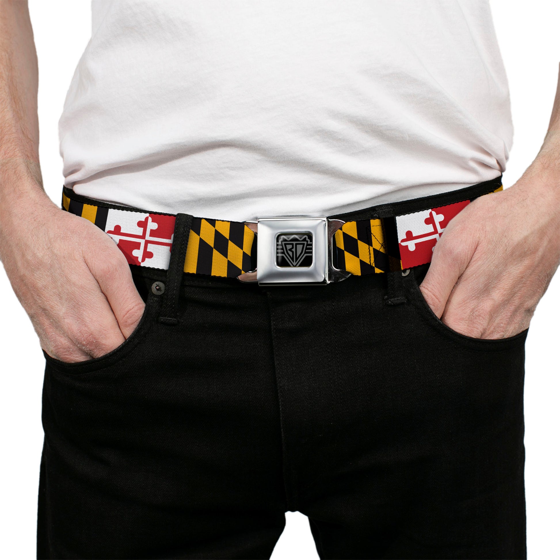 BD Wings Logo CLOSE-UP Full Color Black Silver Seatbelt Belt - Maryland Flags Webbing Seatbelt Belts Buckle-Down