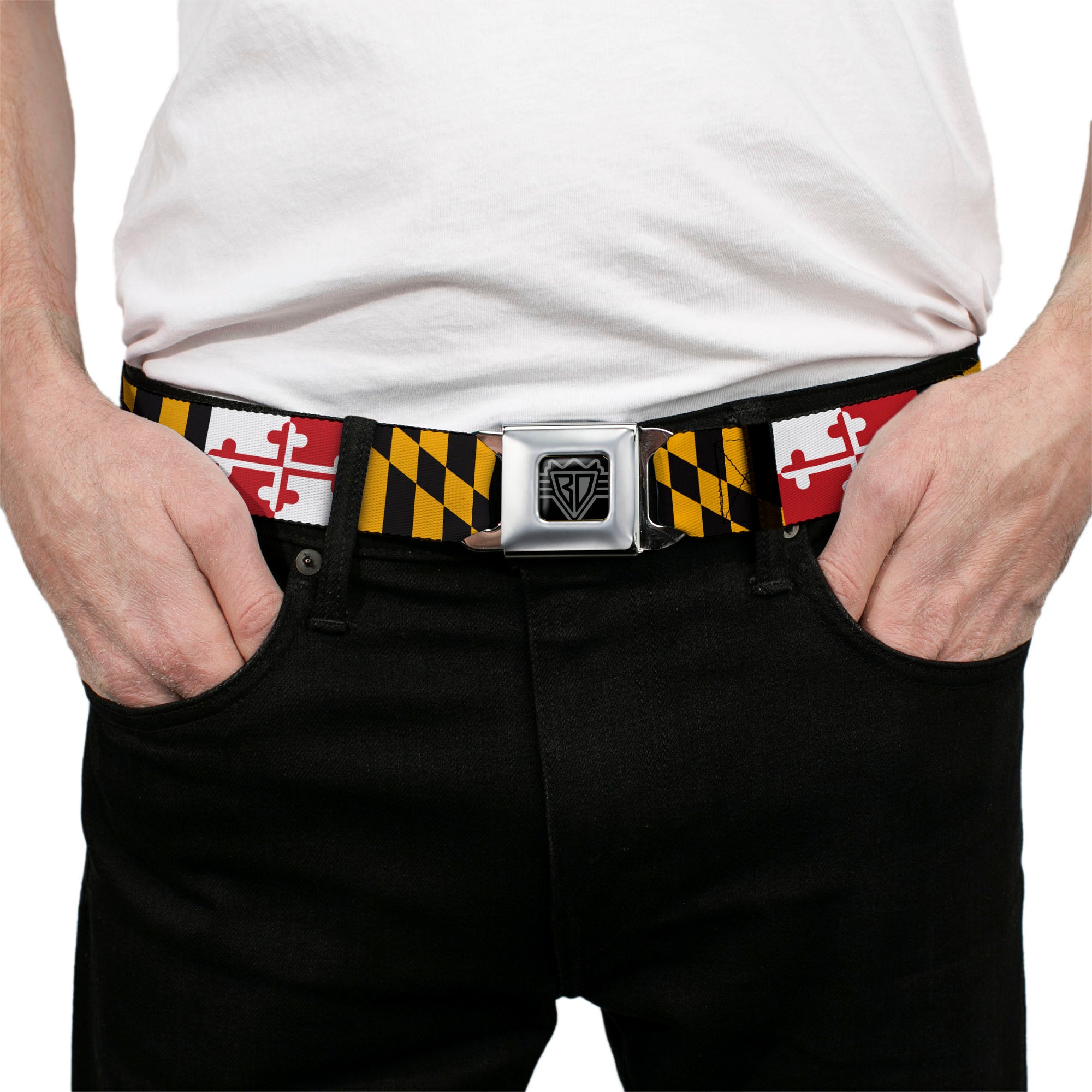 BD Wings Logo CLOSE-UP Full Color Black Silver Seatbelt Belt - Maryland Flags Webbing Seatbelt Belts Buckle-Down