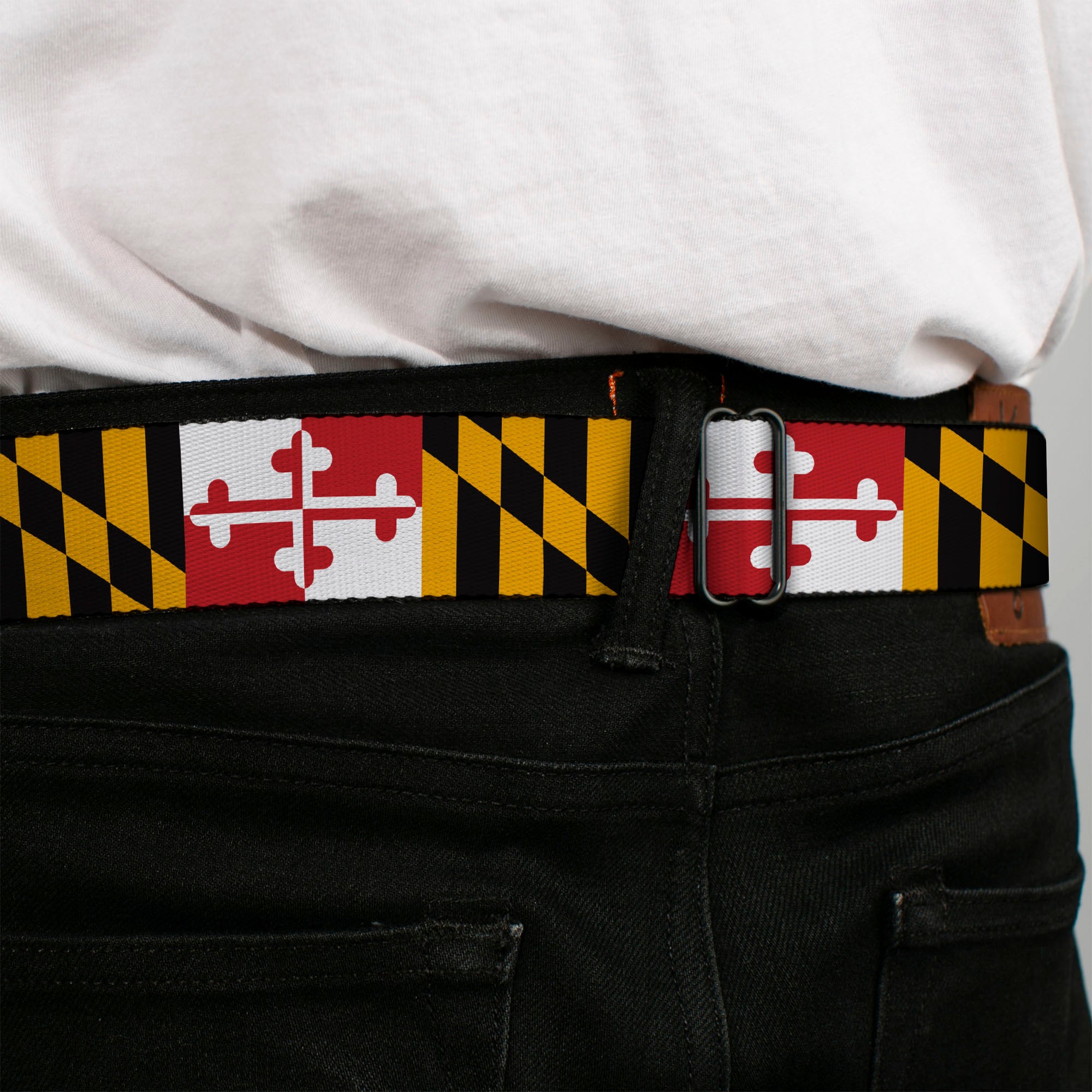 BD Wings Logo CLOSE-UP Full Color Black Silver Seatbelt Belt - Maryland Flags Webbing Seatbelt Belts Buckle-Down