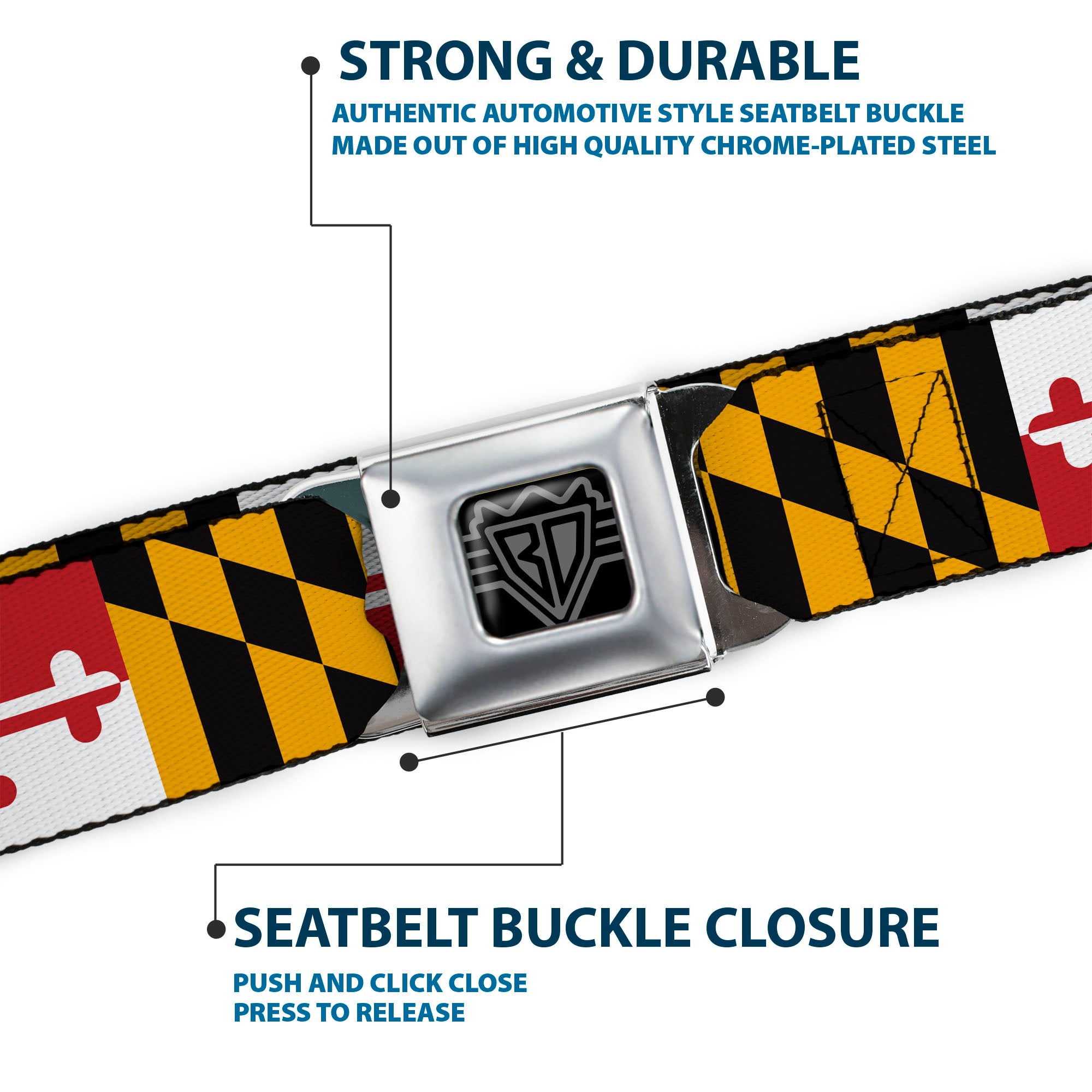 BD Wings Logo CLOSE-UP Full Color Black Silver Seatbelt Belt - Maryland Flags Webbing Seatbelt Belts Buckle-Down