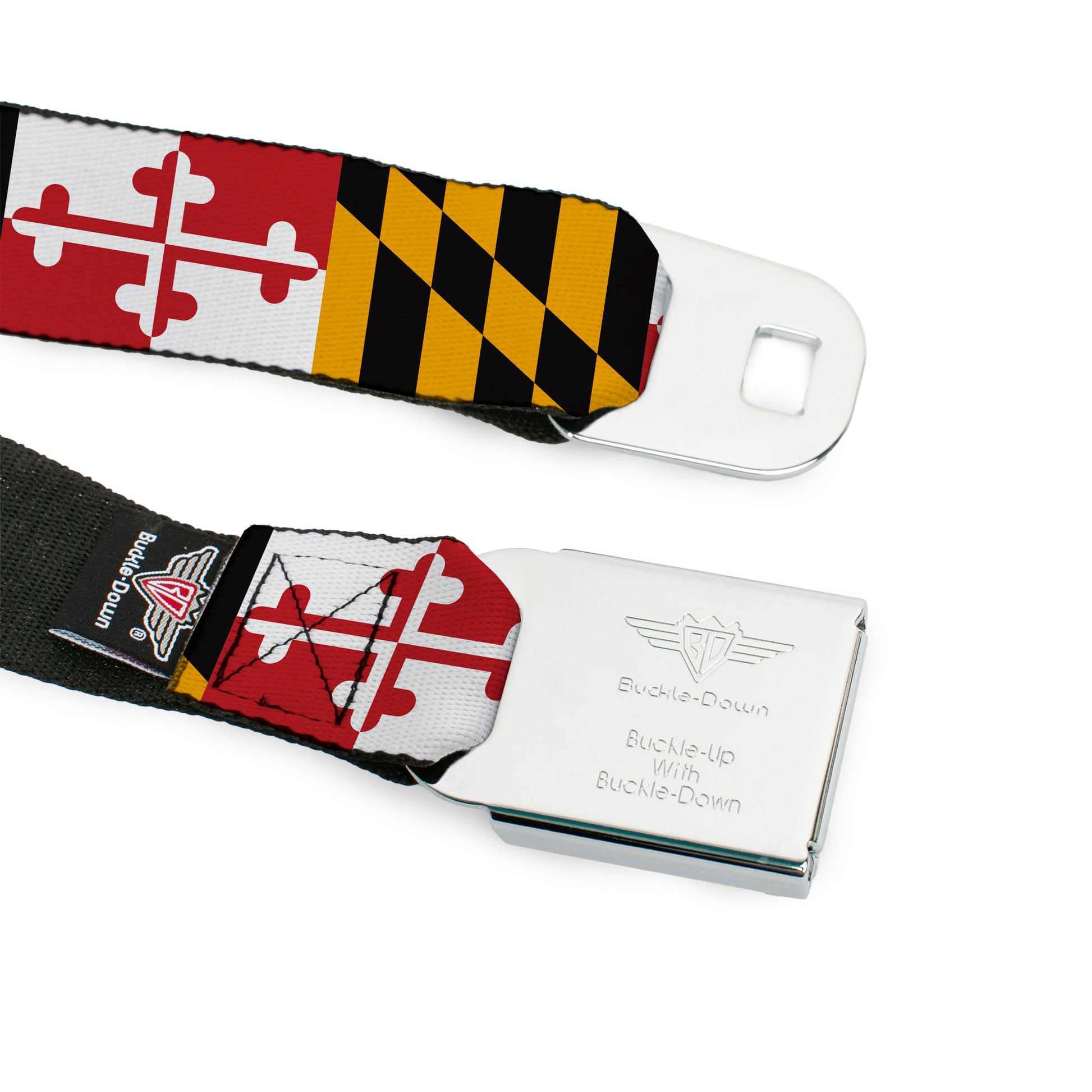 BD Wings Logo CLOSE-UP Full Color Black Silver Seatbelt Belt - Maryland Flags Webbing Seatbelt Belts Buckle-Down