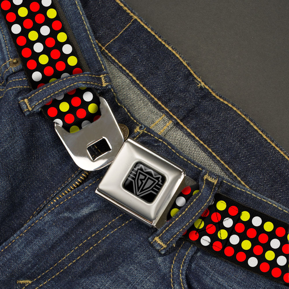 BD Wings Logo CLOSE-UP Black/Silver Seatbelt Belt - Mini Polka Dots Black/White/Fluorescent Orange/Pink/Yellow Webbing Seatbelt Belts Buckle-Down
