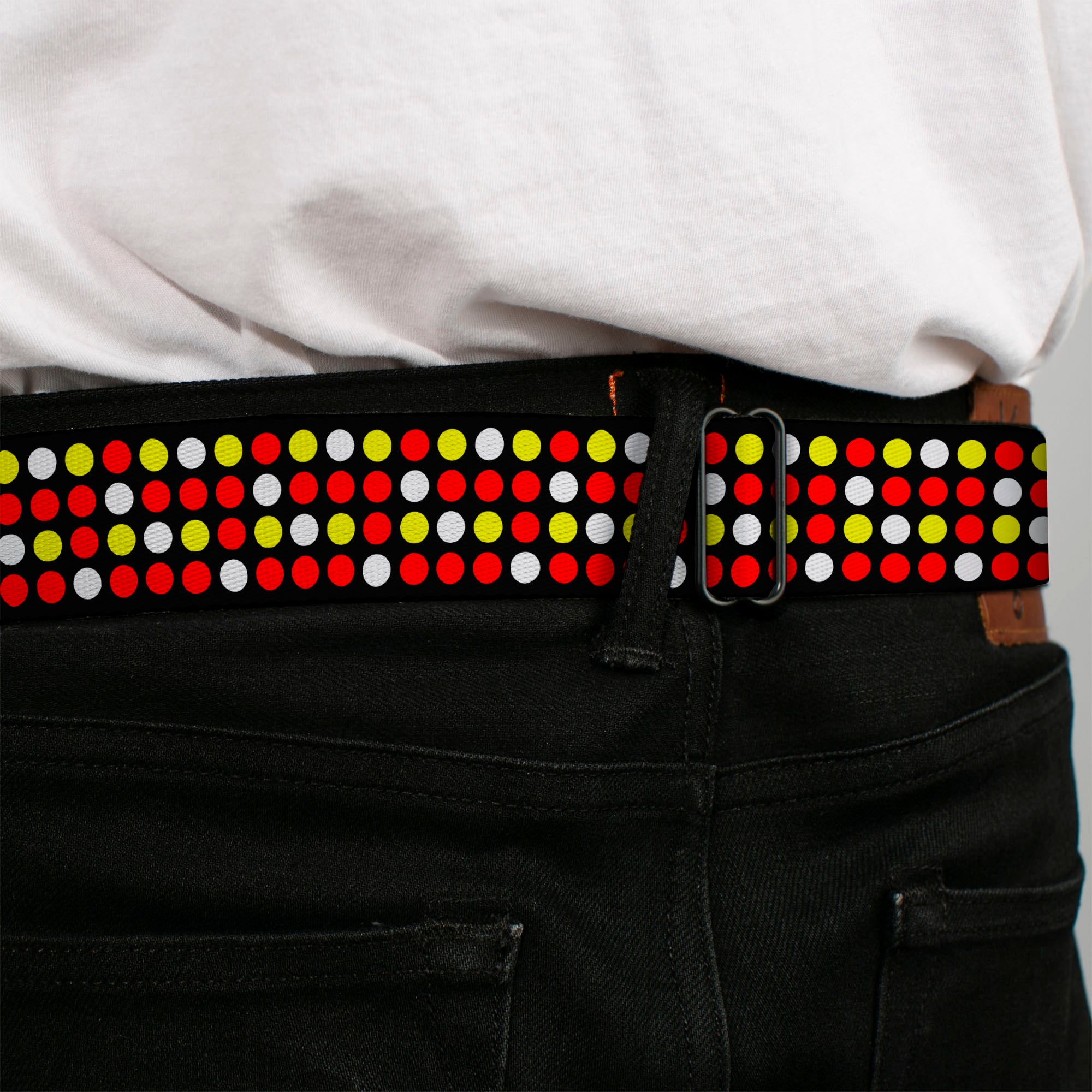 BD Wings Logo CLOSE-UP Black/Silver Seatbelt Belt - Mini Polka Dots Black/White/Fluorescent Orange/Pink/Yellow Webbing Seatbelt Belts Buckle-Down